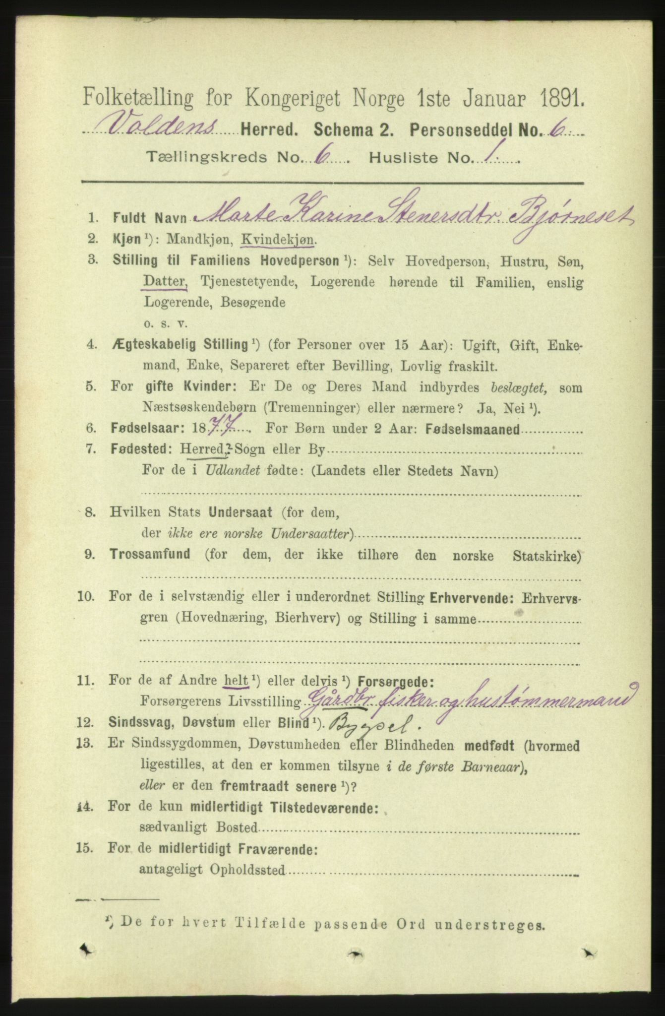 RA, 1891 census for 1519 Volda, 1891, p. 2868