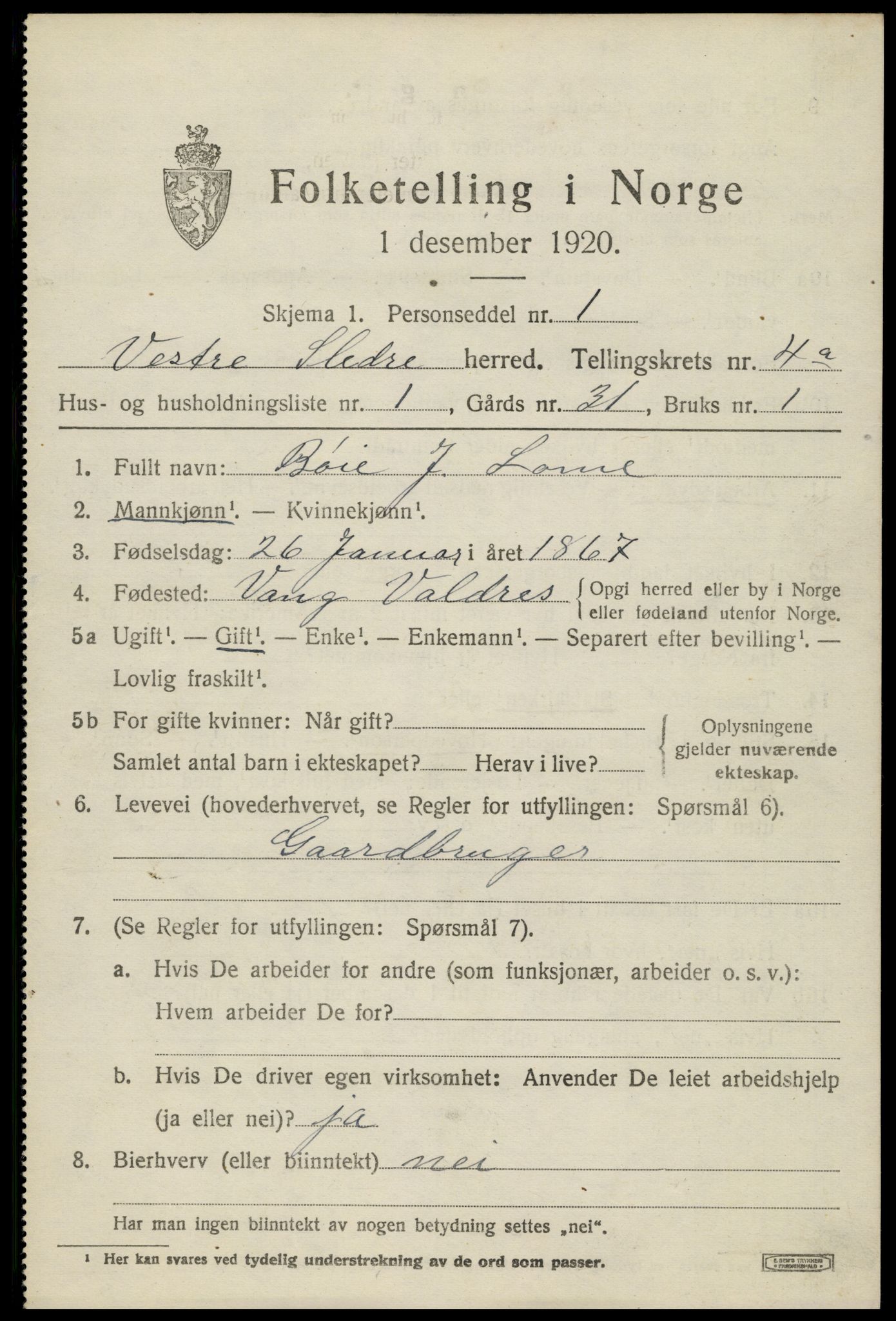 SAH, 1920 census for Vestre Slidre, 1920, p. 2020