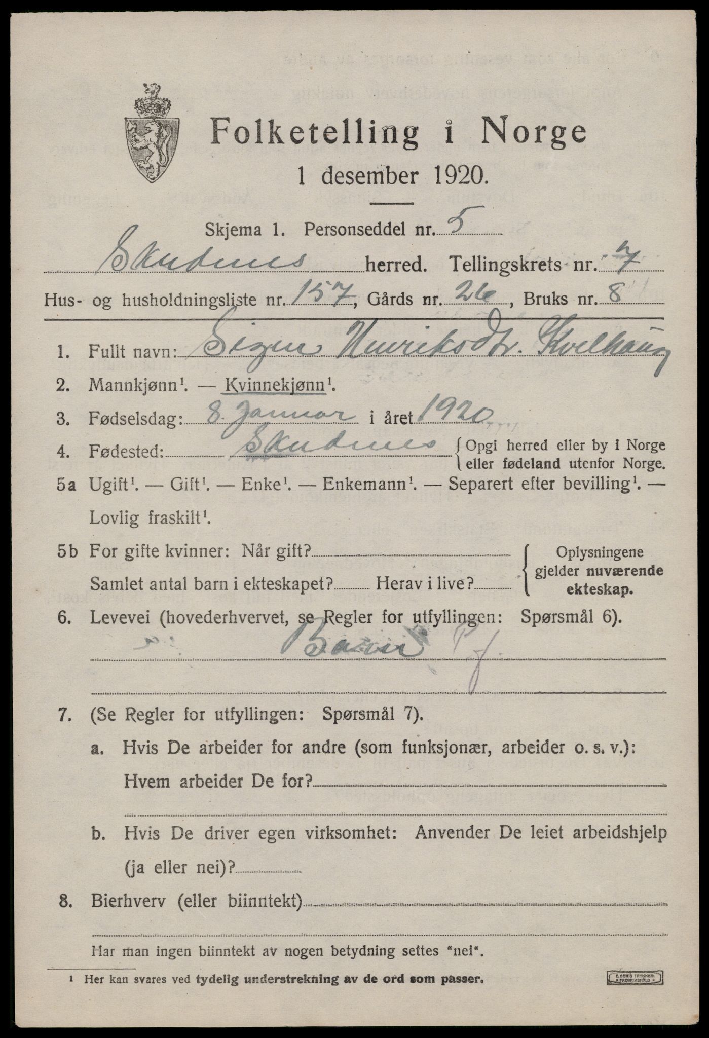 SAST, 1920 census for Skudenes, 1920, p. 7306