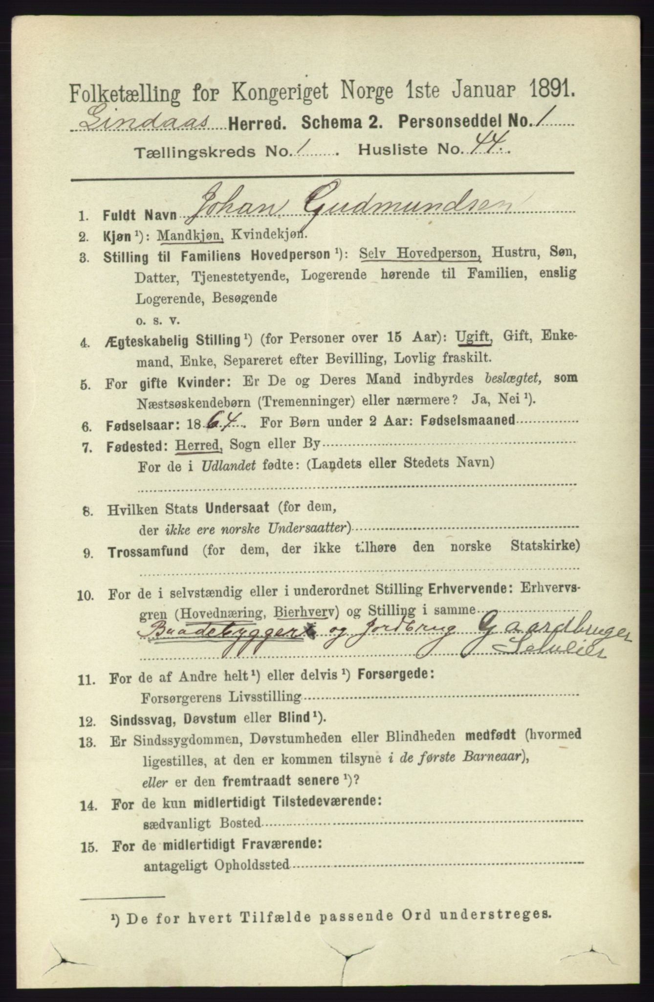 RA, 1891 census for 1263 Lindås, 1891, p. 365