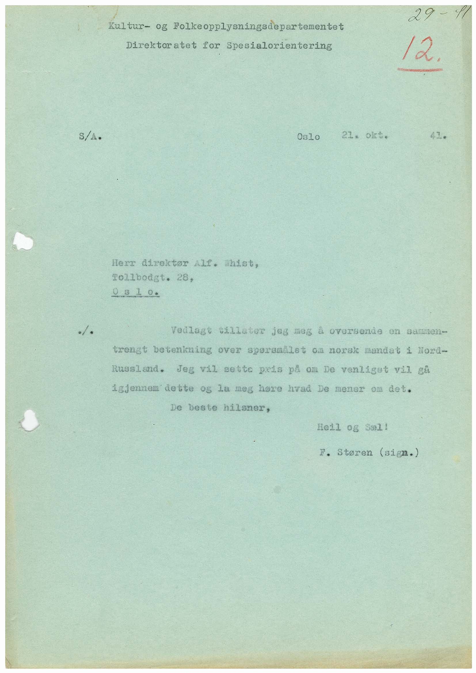 Førerens og ministerpresidentens kanselli. Utenriksavdelingen, AV/RA-S-3485/D/L0025/0001: -- / F. Støren. Østområdene, div. korr. og manuskripter, 1941-1942, p. 3