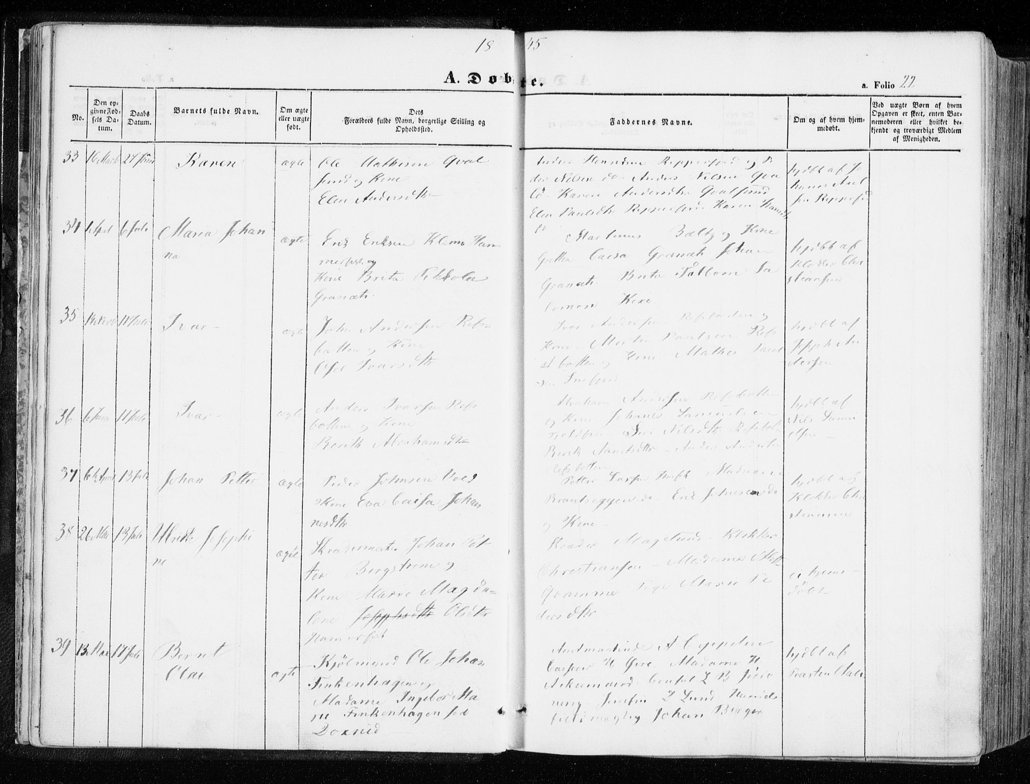 Hammerfest sokneprestkontor, SATØ/S-1347/H/Ha/L0004.kirke: Parish register (official) no. 4, 1843-1856, p. 22