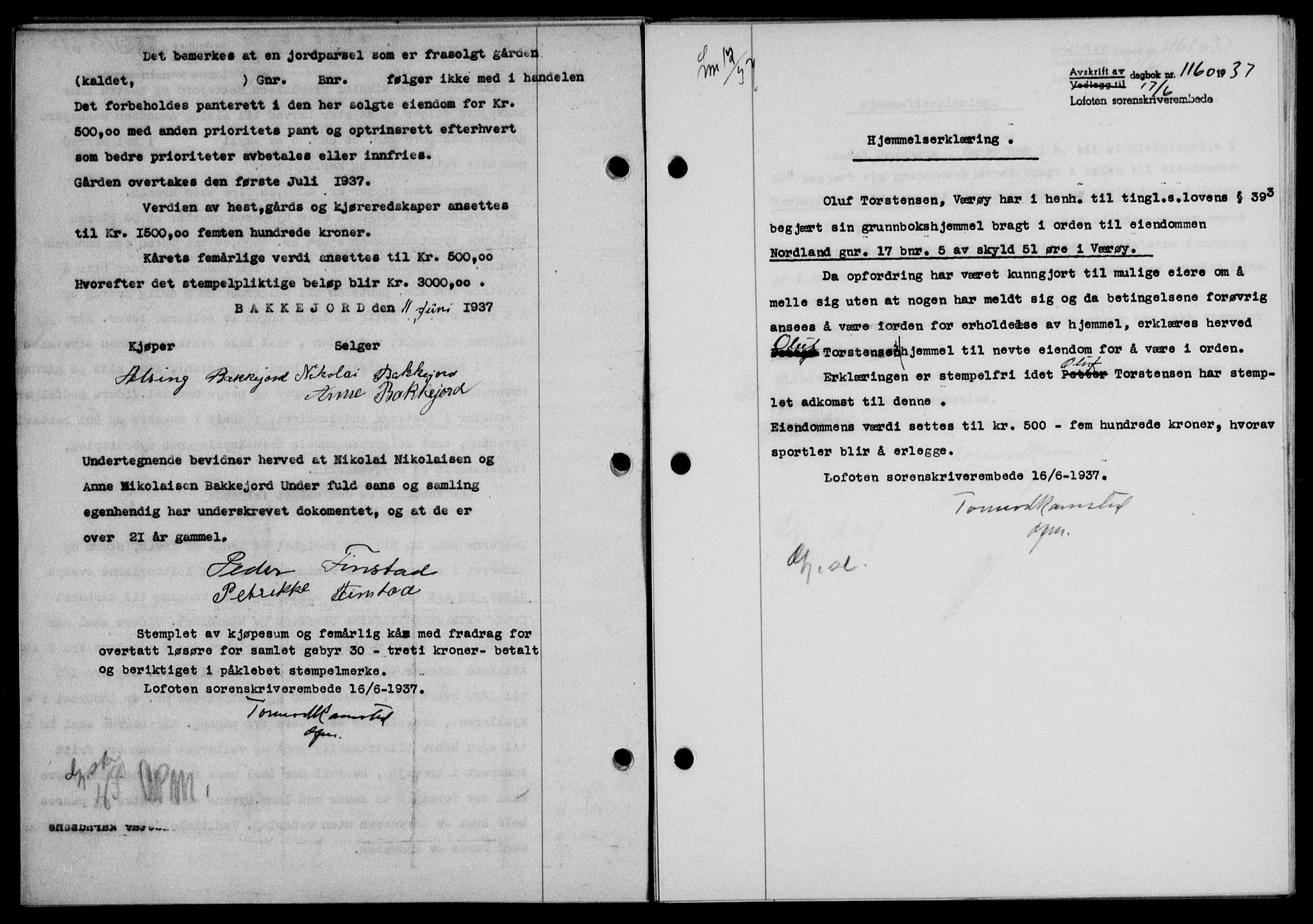 Lofoten sorenskriveri, SAT/A-0017/1/2/2C/L0002a: Mortgage book no. 2a, 1937-1937, Diary no: : 1160/1937