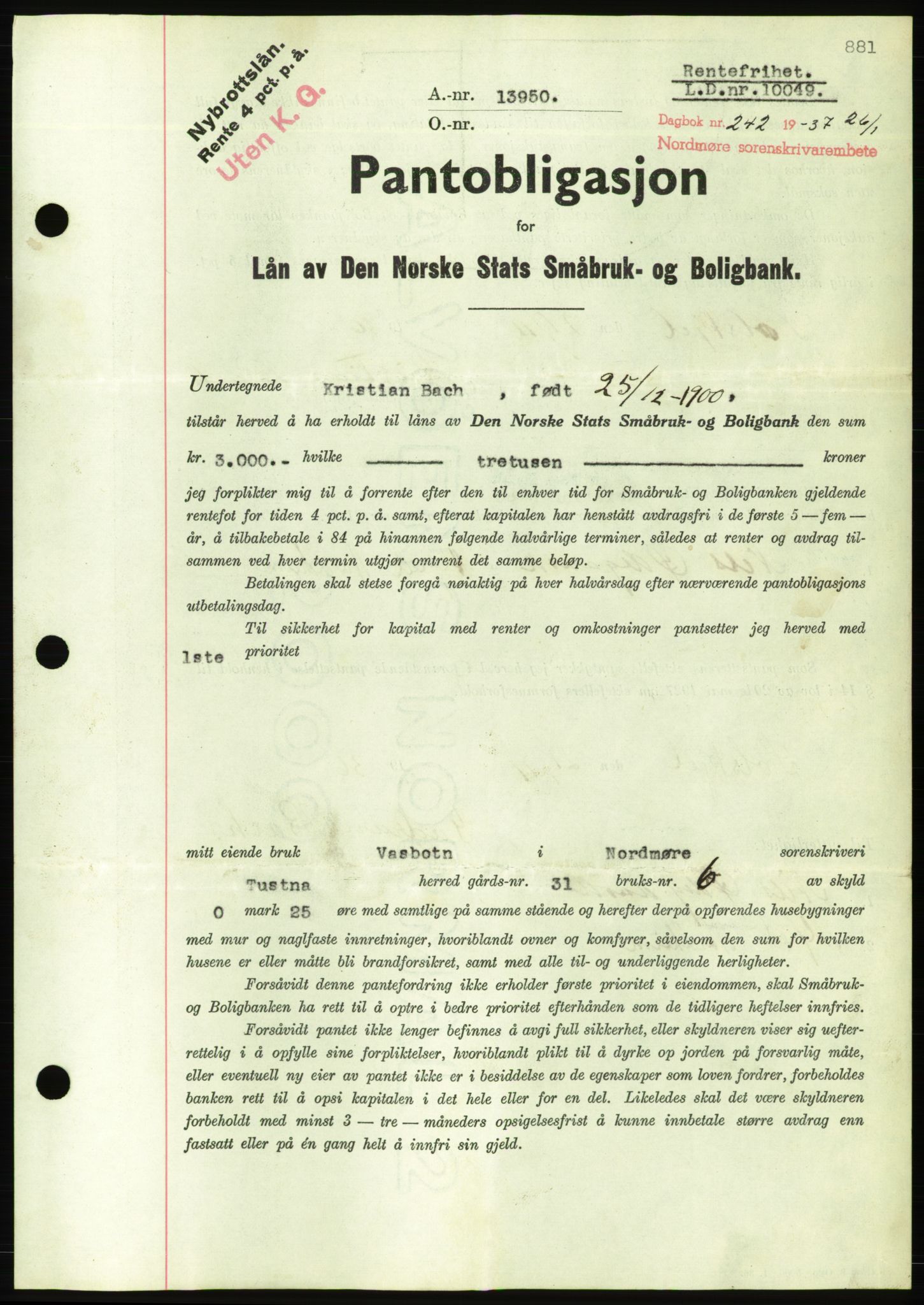 Nordmøre sorenskriveri, AV/SAT-A-4132/1/2/2Ca/L0090: Mortgage book no. B80, 1936-1937, Diary no: : 242/1937