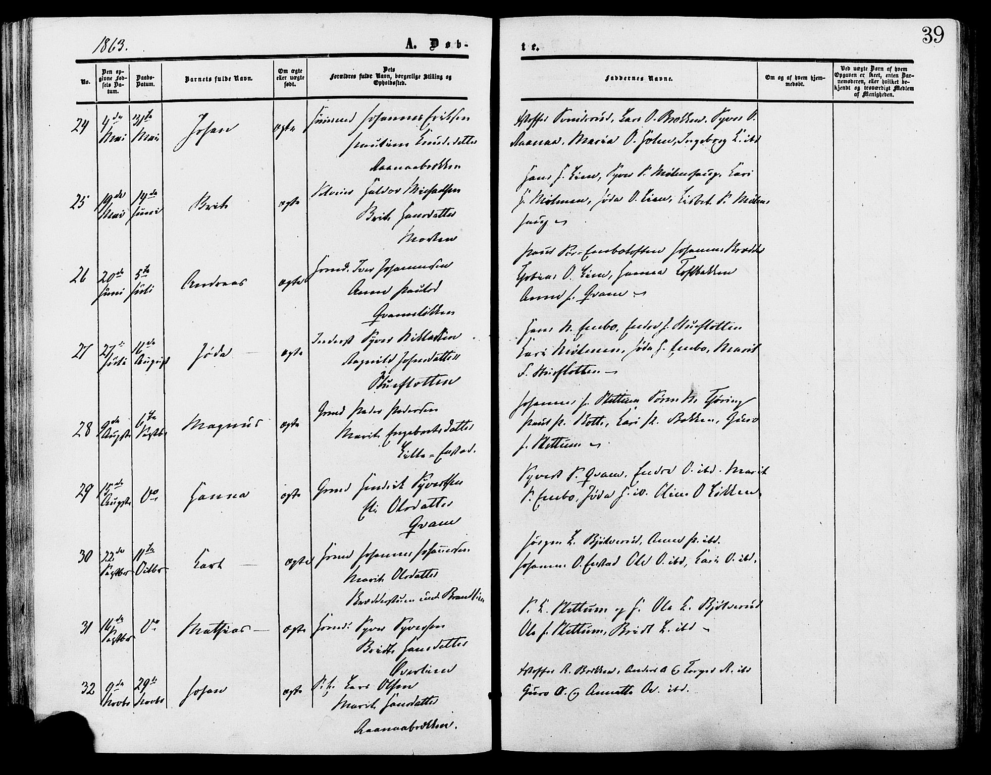 Lesja prestekontor, SAH/PREST-068/H/Ha/Haa/L0009: Parish register (official) no. 9, 1854-1889, p. 39