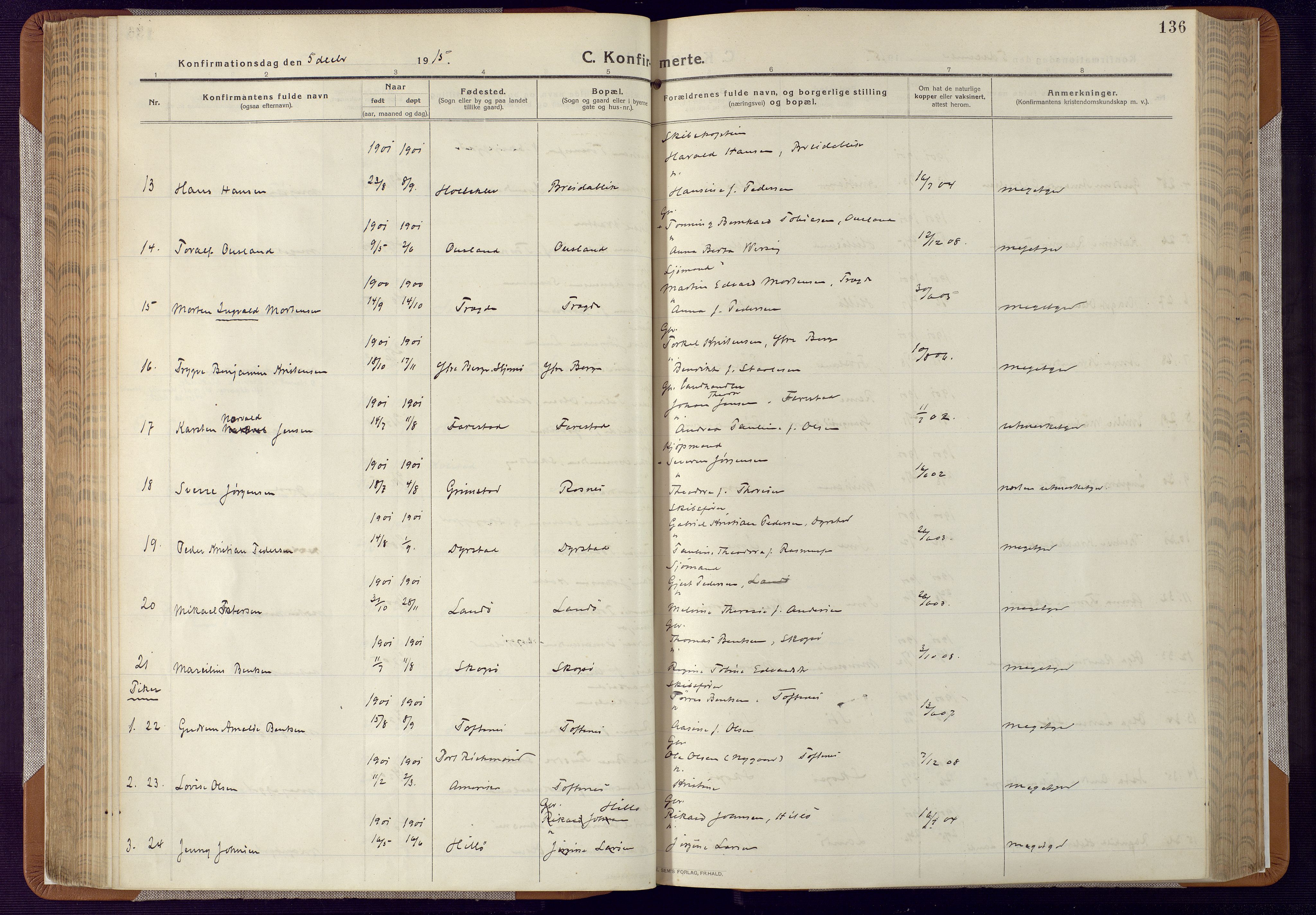 Mandal sokneprestkontor, AV/SAK-1111-0030/F/Fa/Faa/L0022: Parish register (official) no. A 22, 1913-1925, p. 136