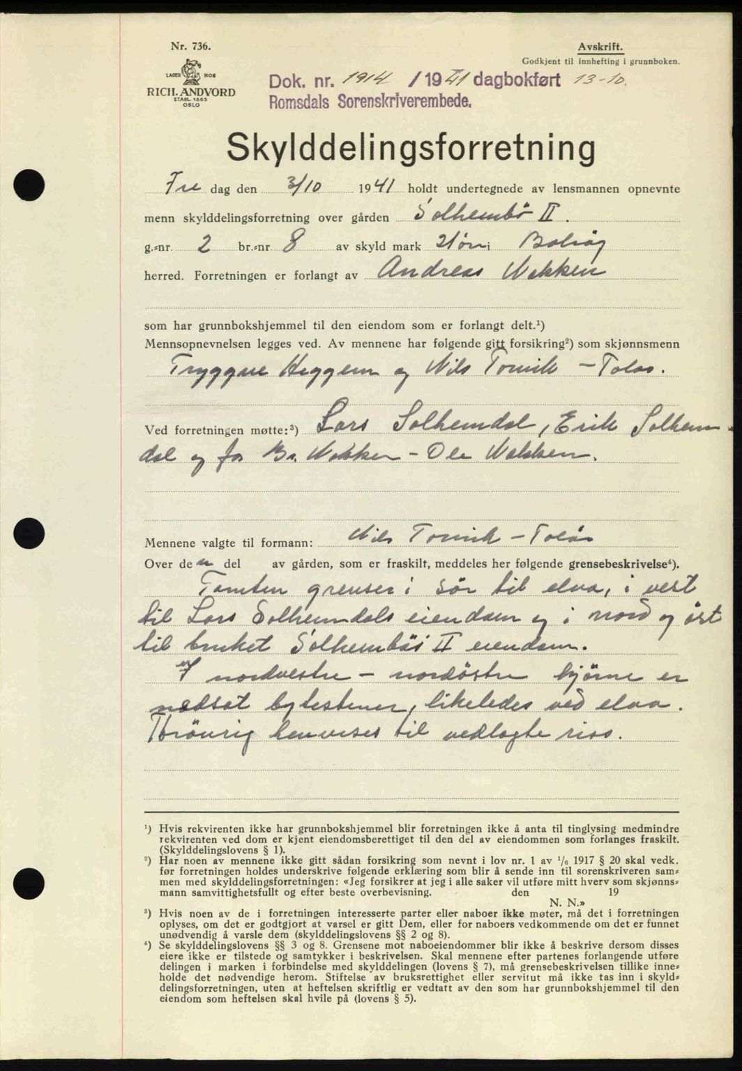 Romsdal sorenskriveri, AV/SAT-A-4149/1/2/2C: Mortgage book no. A11, 1941-1942, Diary no: : 1914/1941