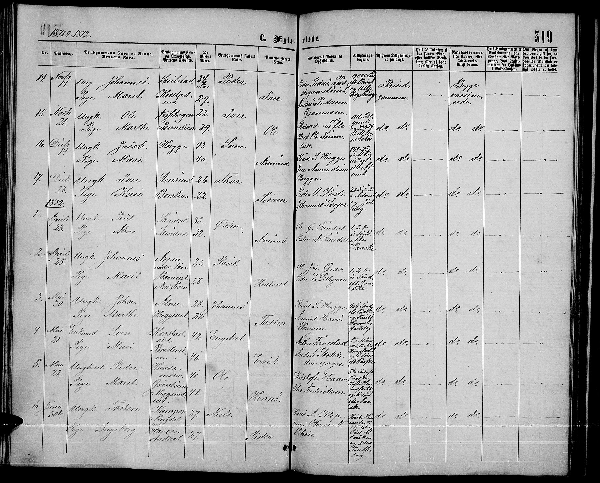 Sør-Fron prestekontor, SAH/PREST-010/H/Ha/Hab/L0002: Parish register (copy) no. 2, 1864-1883, p. 319