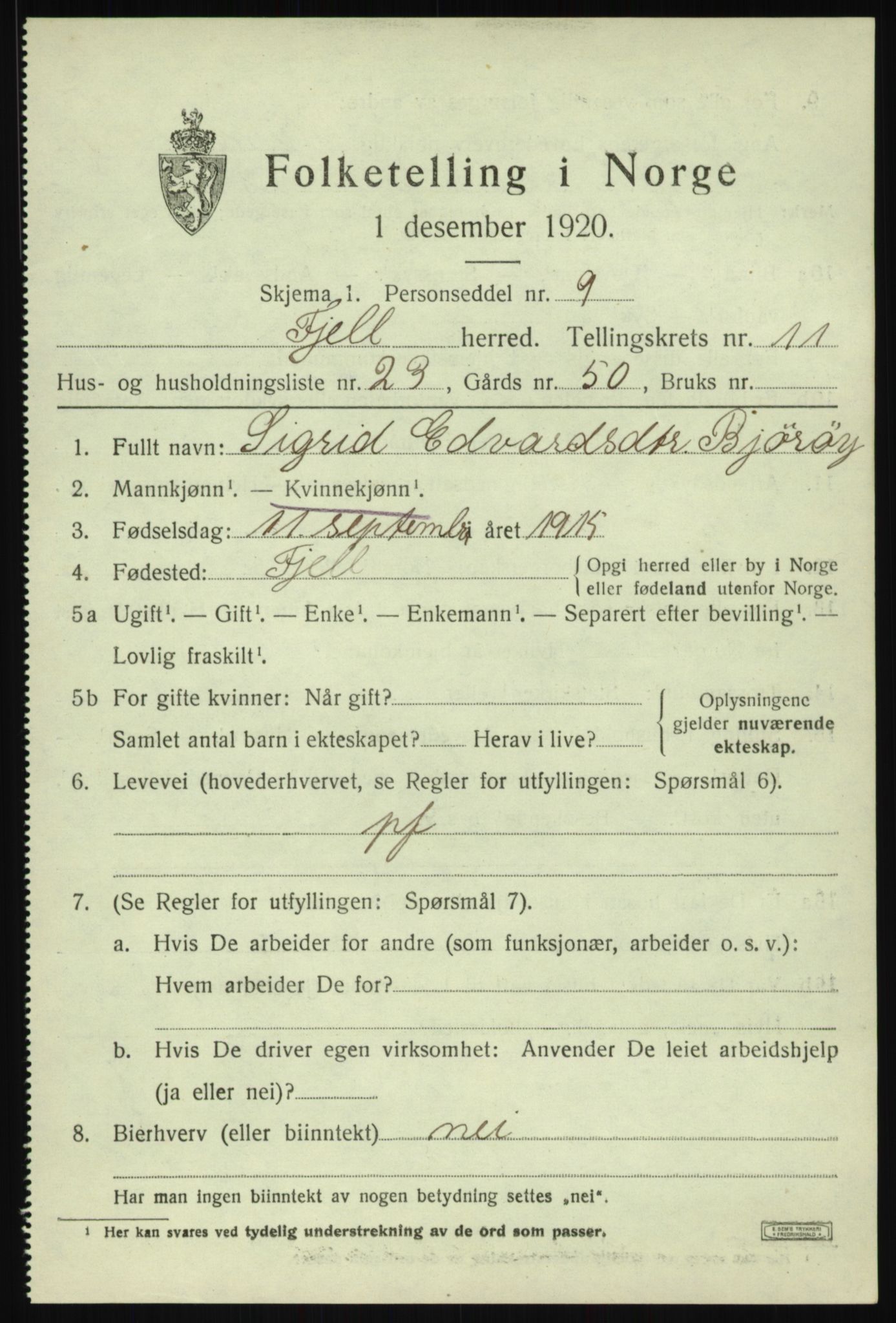 SAB, 1920 census for Fjell, 1920, p. 10166