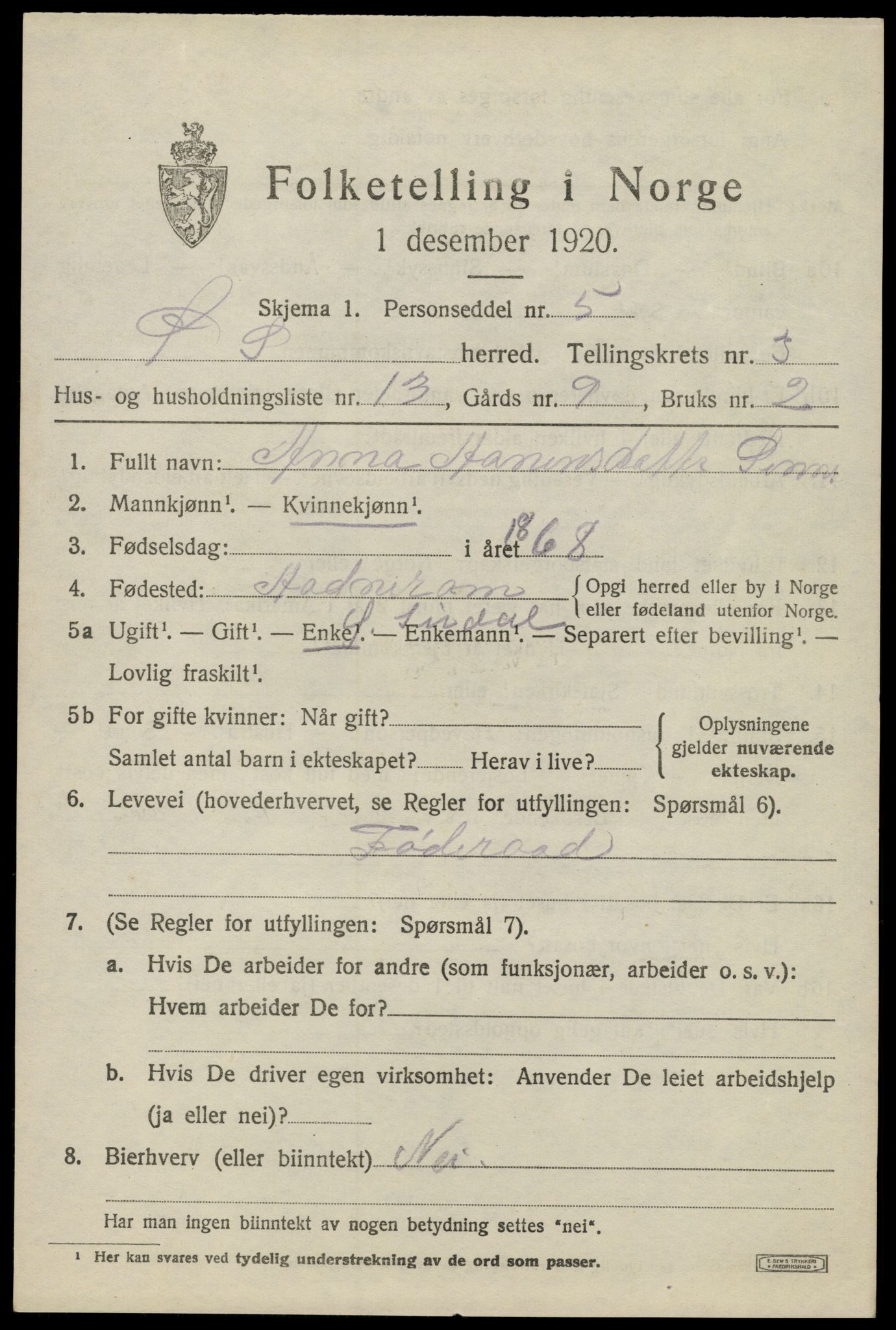 SAK, 1920 census for Øvre Sirdal, 1920, p. 717