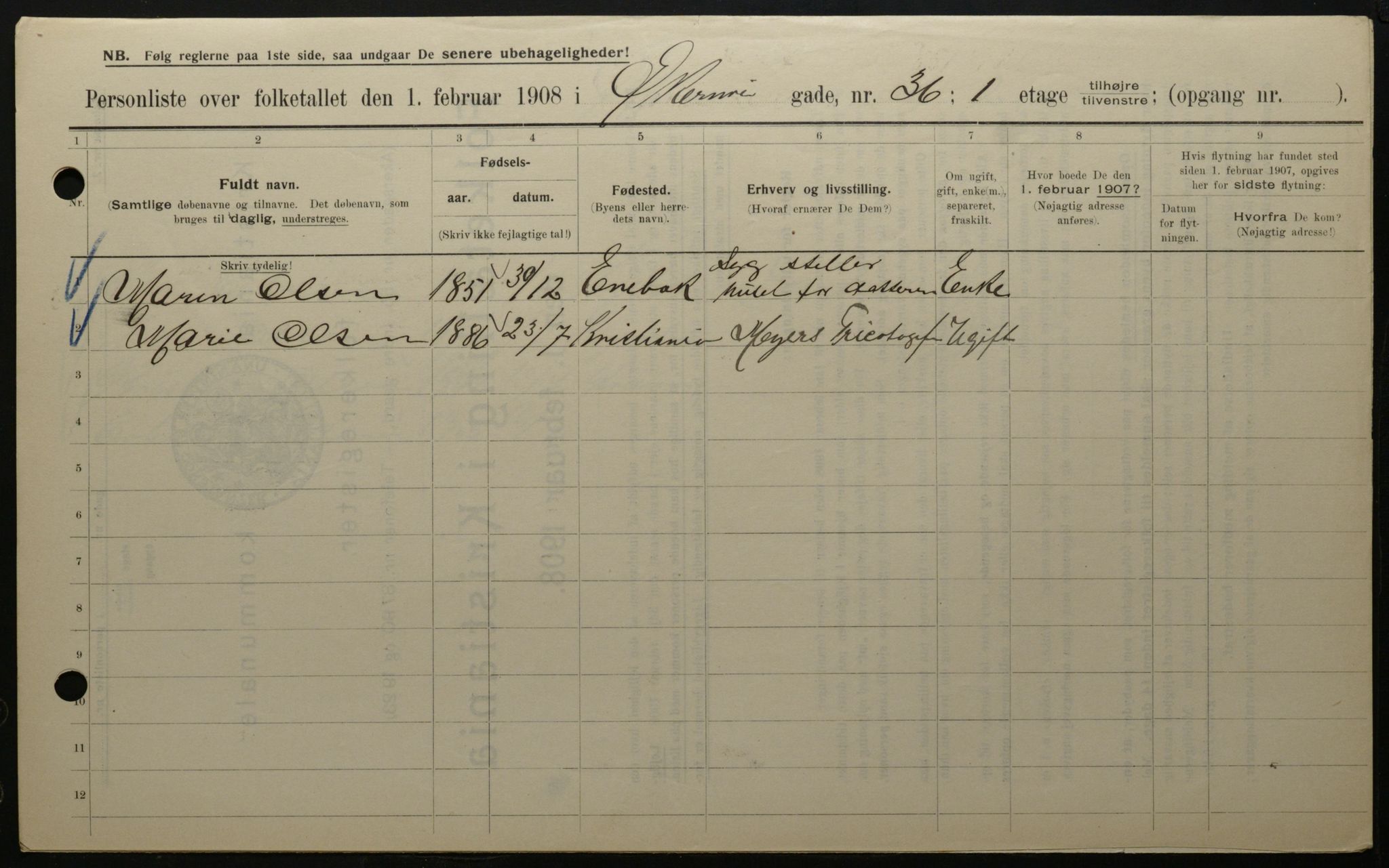 OBA, Municipal Census 1908 for Kristiania, 1908, p. 115749