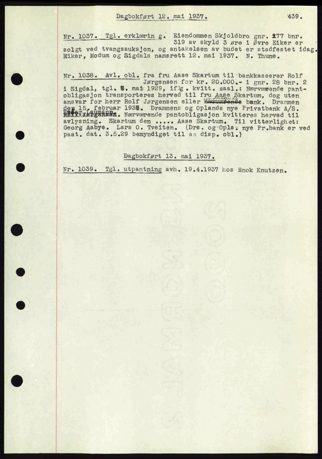 Eiker, Modum og Sigdal sorenskriveri, SAKO/A-123/G/Ga/Gab/L0035: Mortgage book no. A5, 1937-1937, Diary no: : 1037/1937