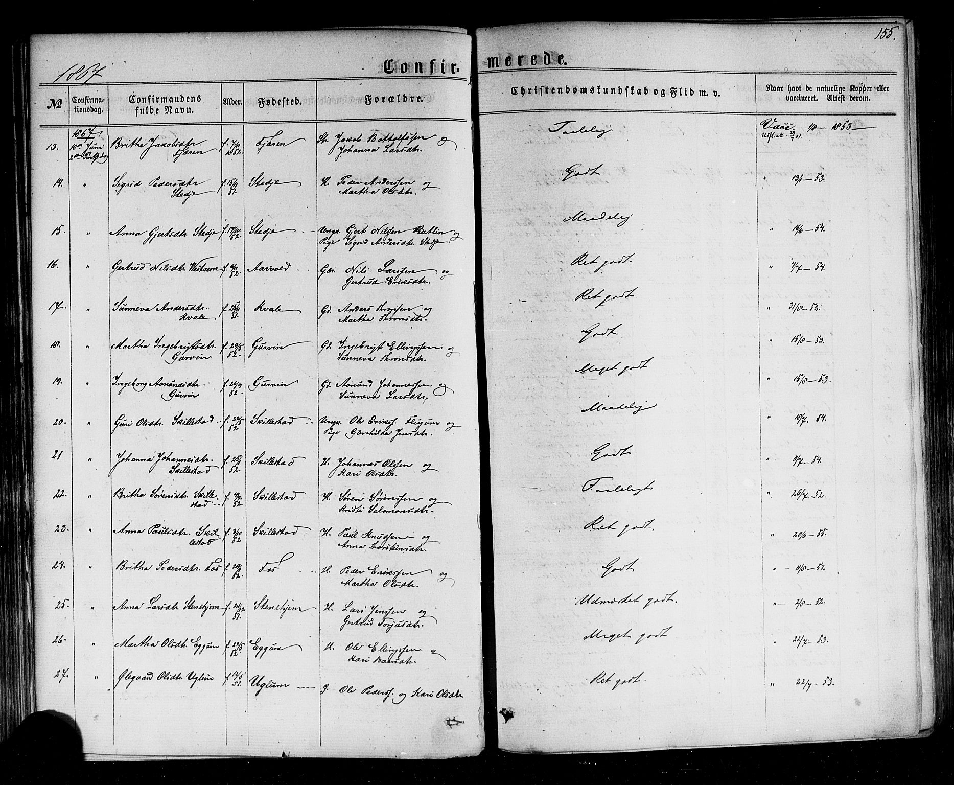 Sogndal sokneprestembete, AV/SAB-A-81301/H/Haa/Haaa/L0013: Parish register (official) no. A 13, 1859-1877, p. 155