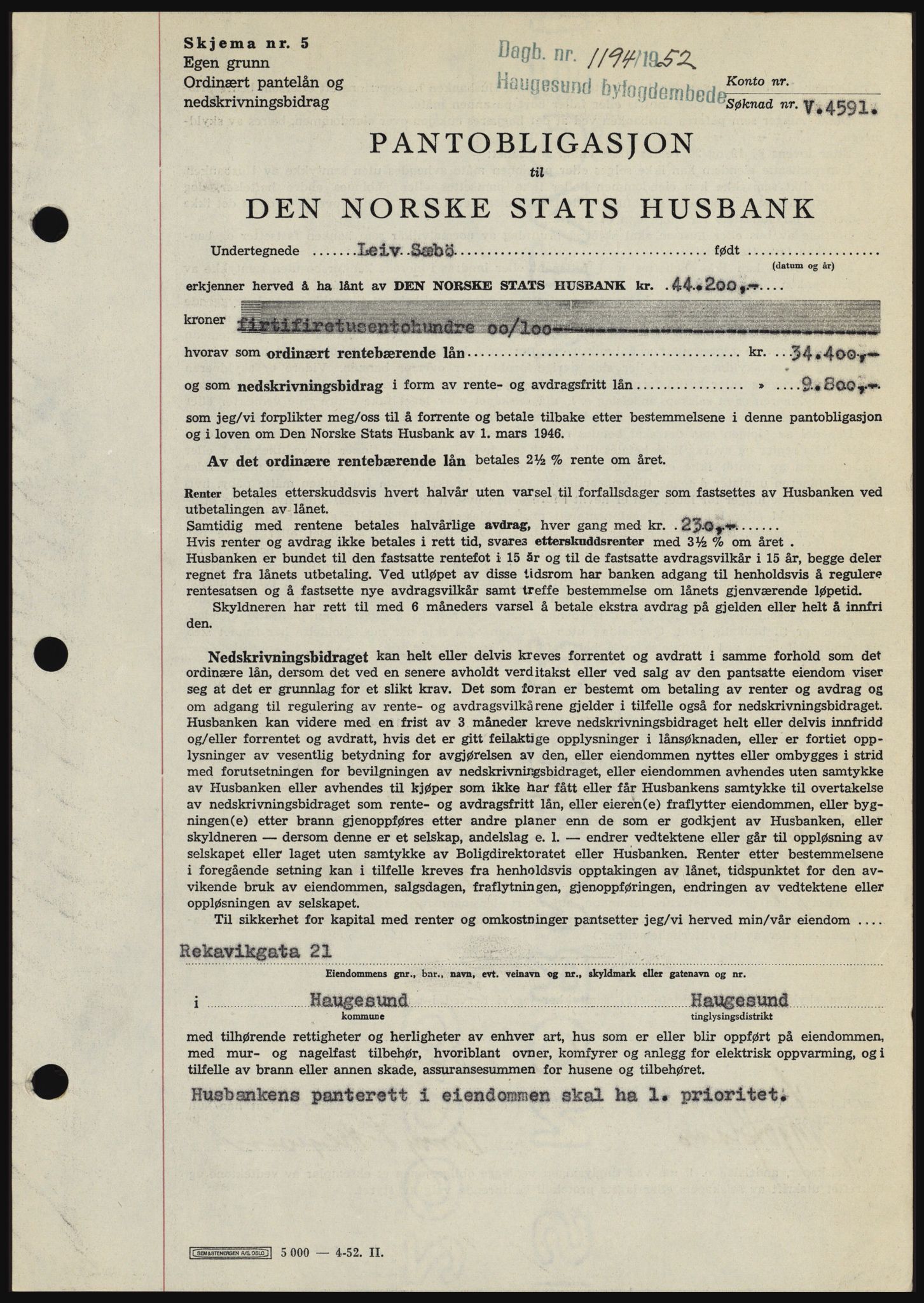 Haugesund tingrett, AV/SAST-A-101415/01/II/IIC/L0039: Mortgage book no. B 39, 1952-1953, Diary no: : 1194/1952
