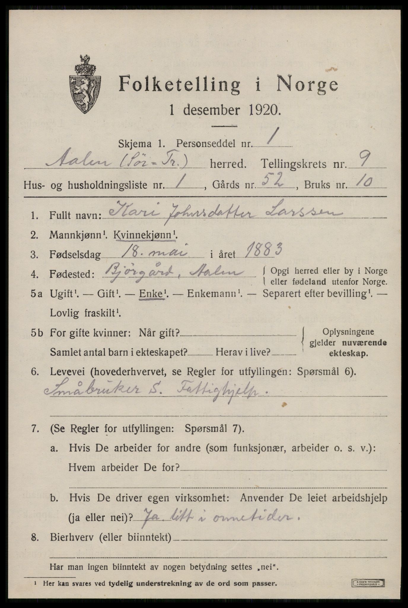 SAT, 1920 census for Ålen, 1920, p. 4066