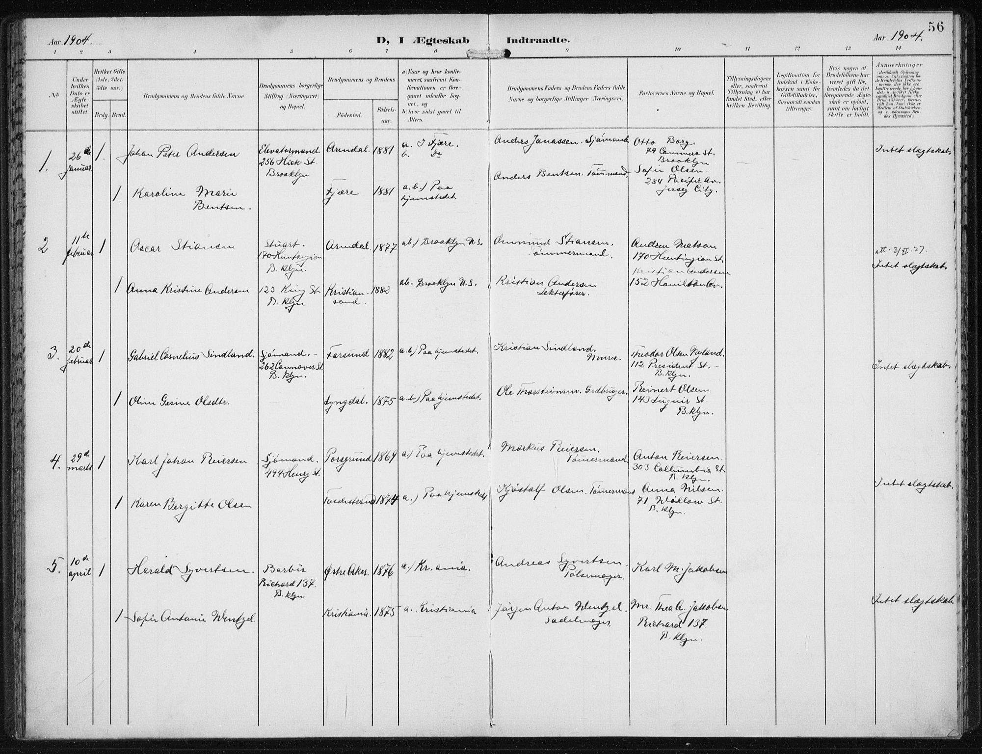 Den norske sjømannsmisjon i utlandet/New York, AV/SAB-SAB/PA-0110/H/Ha/L0005: Parish register (official) no. A 5, 1902-1908, p. 56