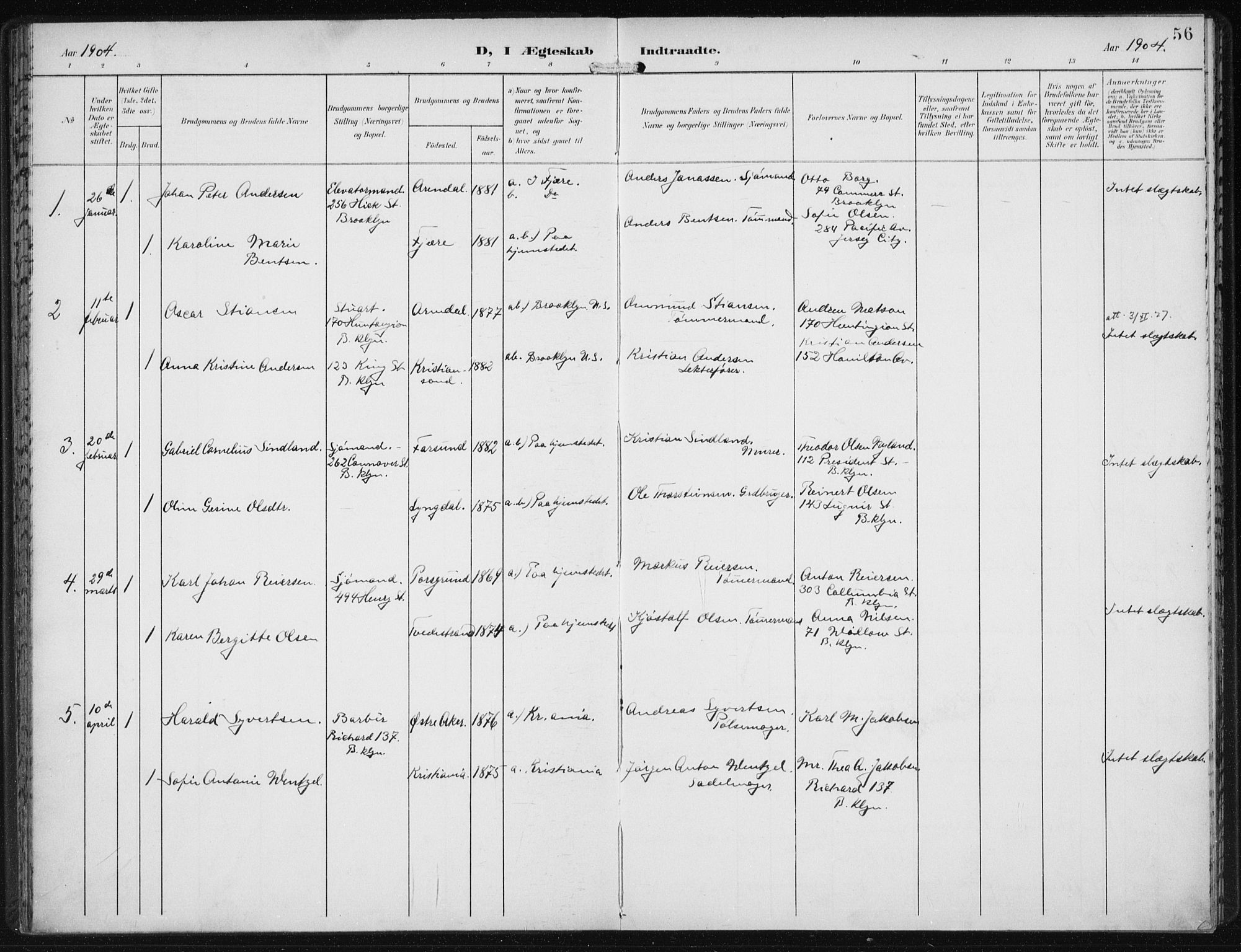 Den norske sjømannsmisjon i utlandet/New York, SAB/SAB/PA-0110/H/Ha/L0005: Parish register (official) no. A 5, 1902-1908, p. 56