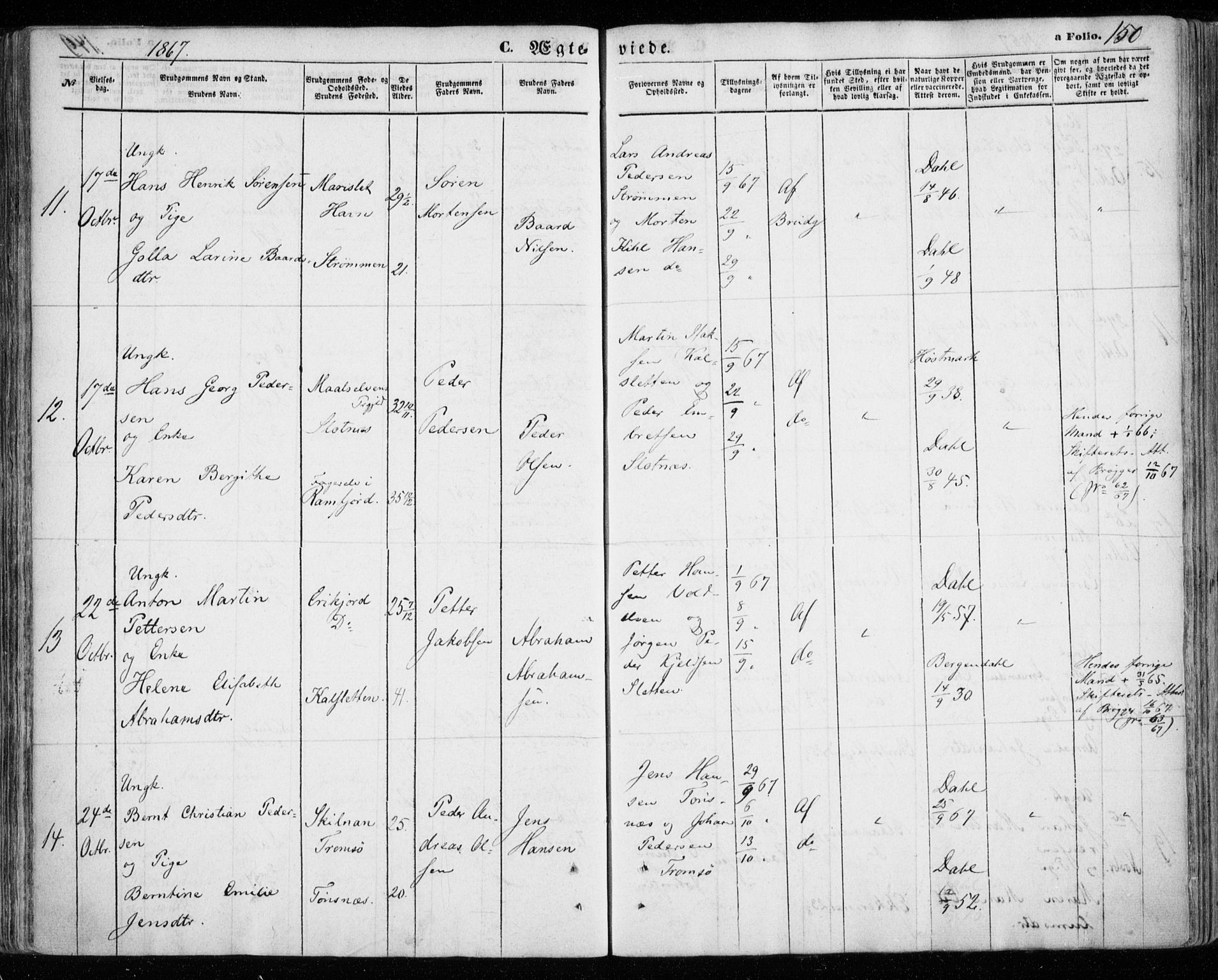 Tromsøysund sokneprestkontor, SATØ/S-1304/G/Ga/L0002kirke: Parish register (official) no. 2, 1867-1875, p. 150