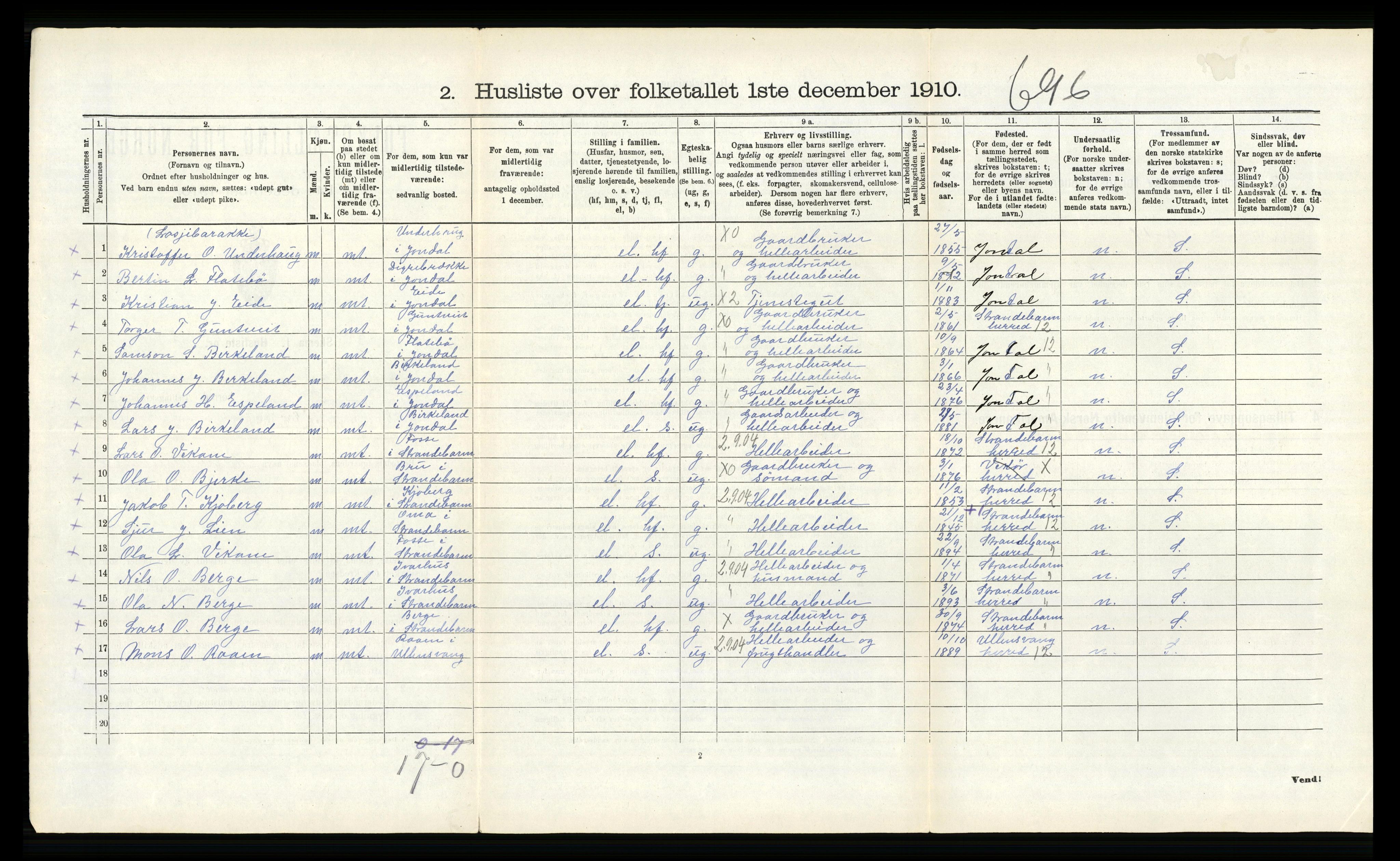 RA, 1910 census for Kvam, 1910, p. 298