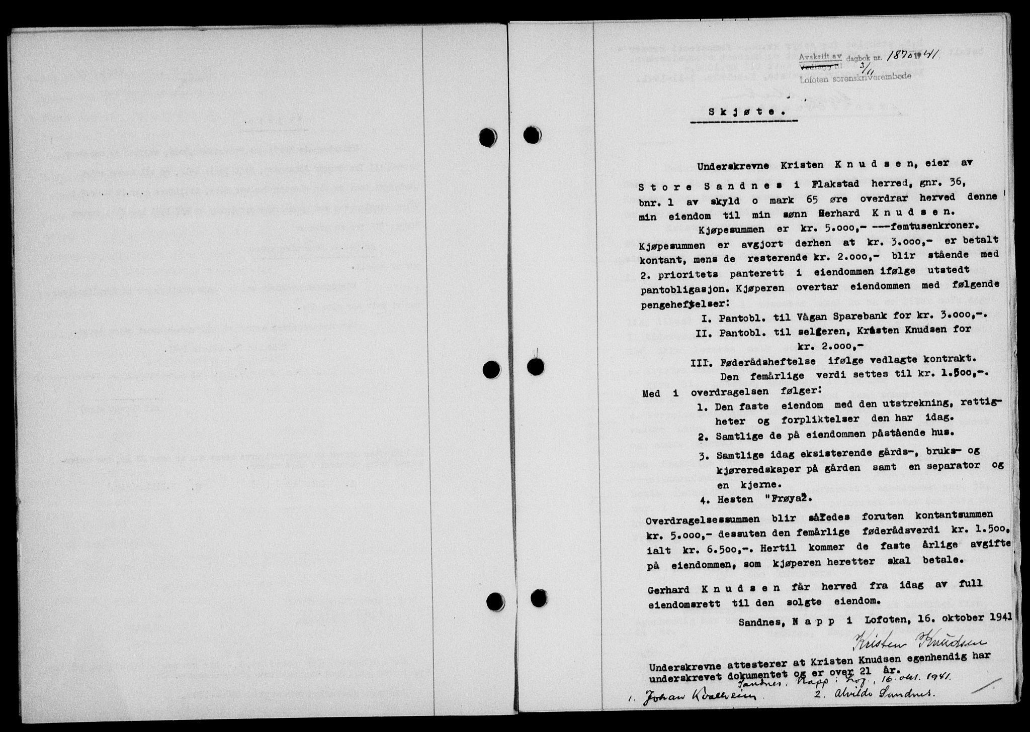 Lofoten sorenskriveri, SAT/A-0017/1/2/2C/L0009a: Mortgage book no. 9a, 1941-1942, Diary no: : 1870/1941