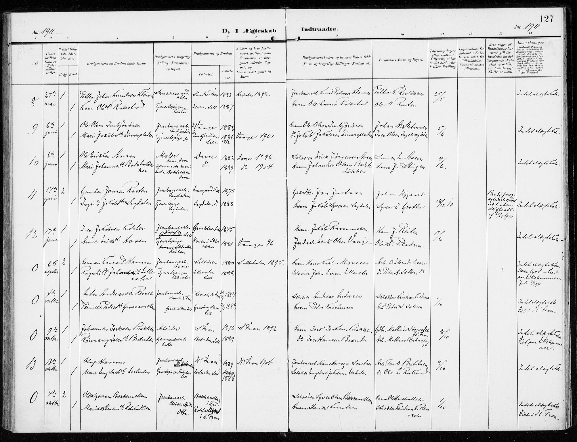 Sel prestekontor, SAH/PREST-074/H/Ha/Haa/L0002: Parish register (official) no. 2, 1905-1919, p. 127