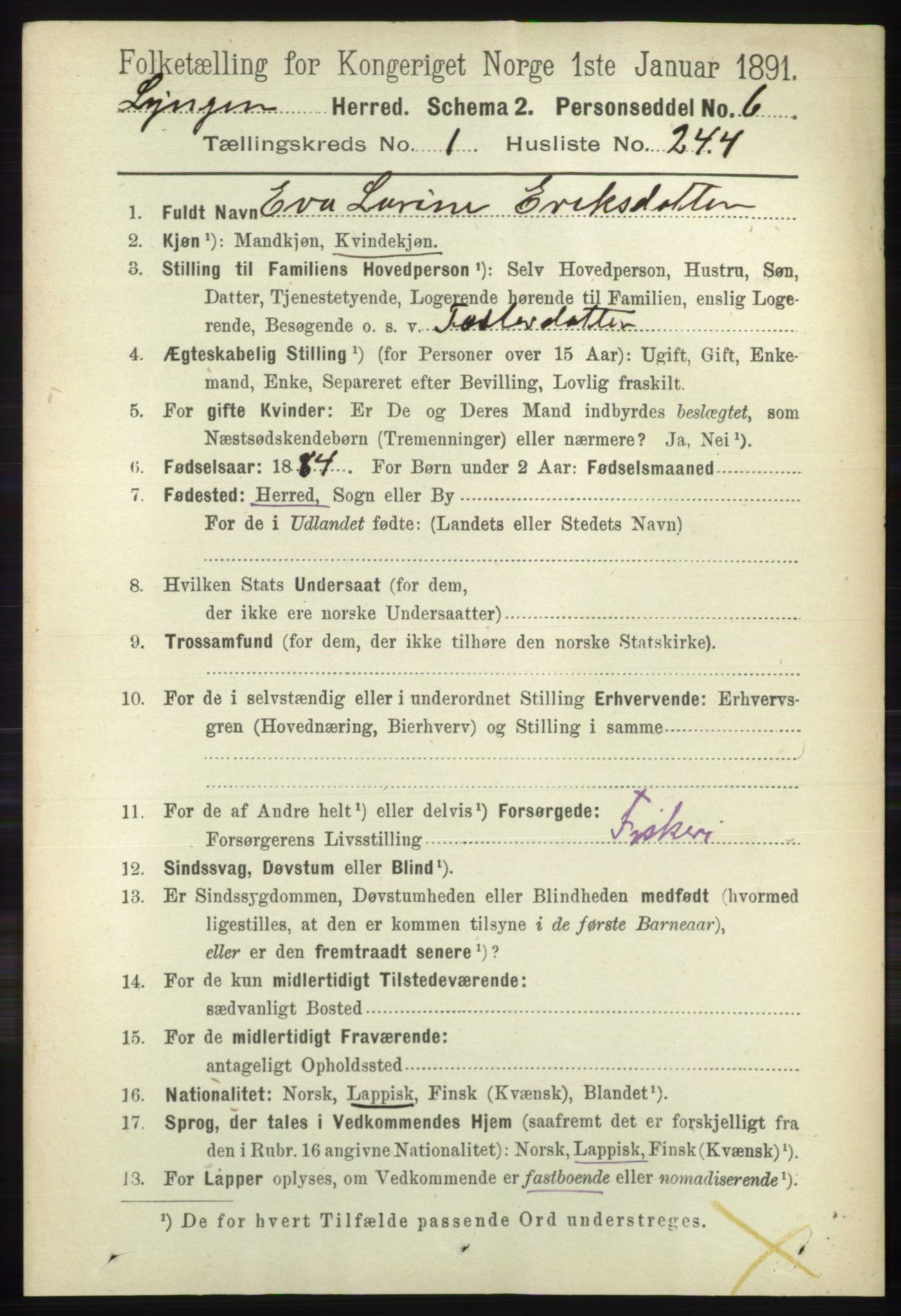 RA, 1891 census for 1938 Lyngen, 1891, p. 1903
