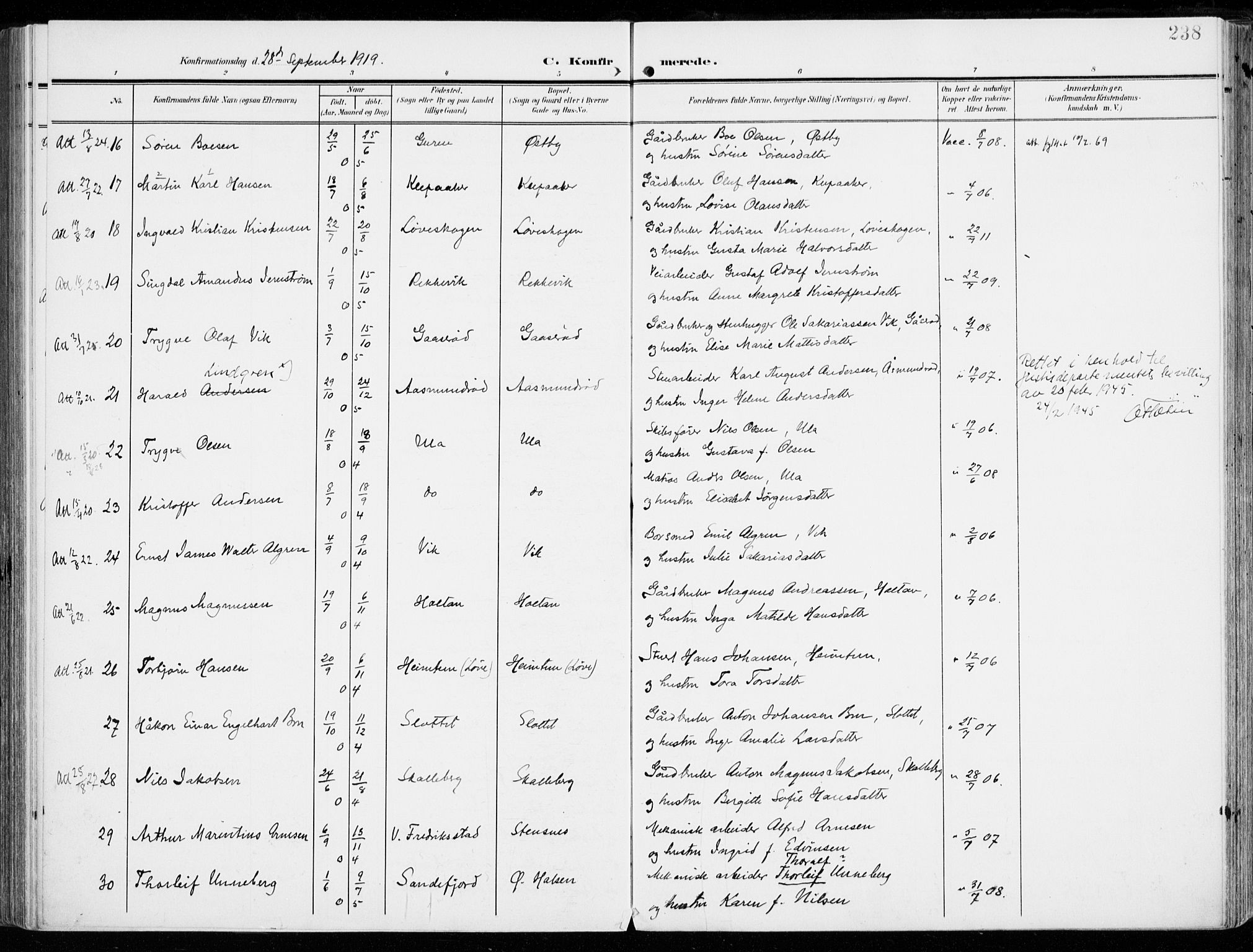 Tjølling kirkebøker, AV/SAKO-A-60/F/Fa/L0010: Parish register (official) no. 10, 1906-1923, p. 238