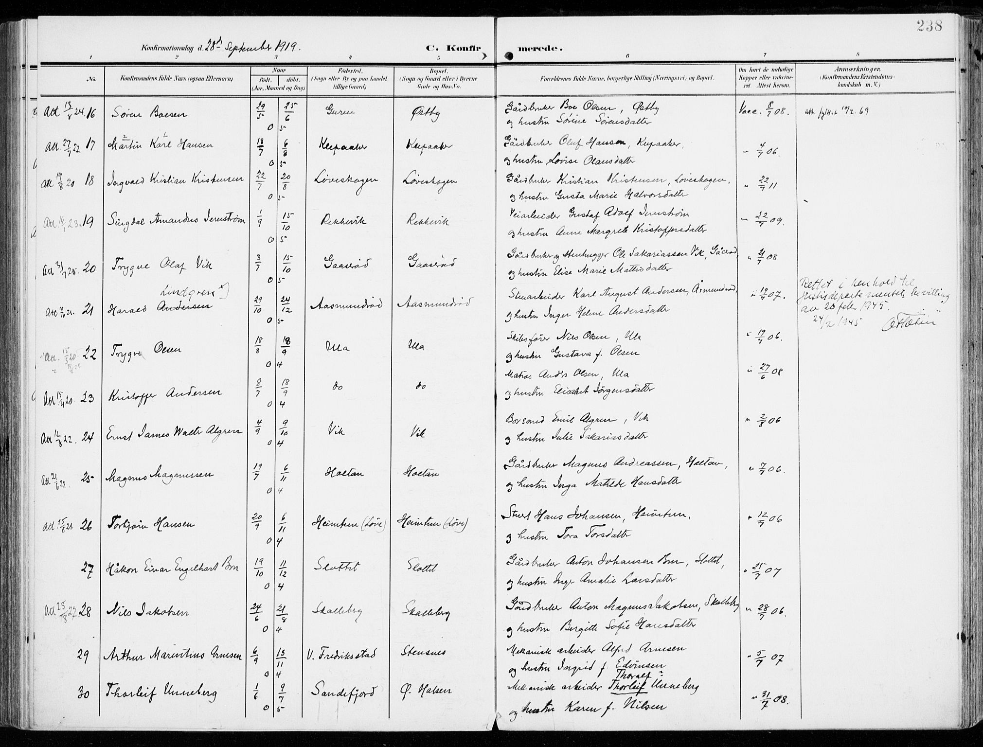 Tjølling kirkebøker, SAKO/A-60/F/Fa/L0010: Parish register (official) no. 10, 1906-1923, p. 238