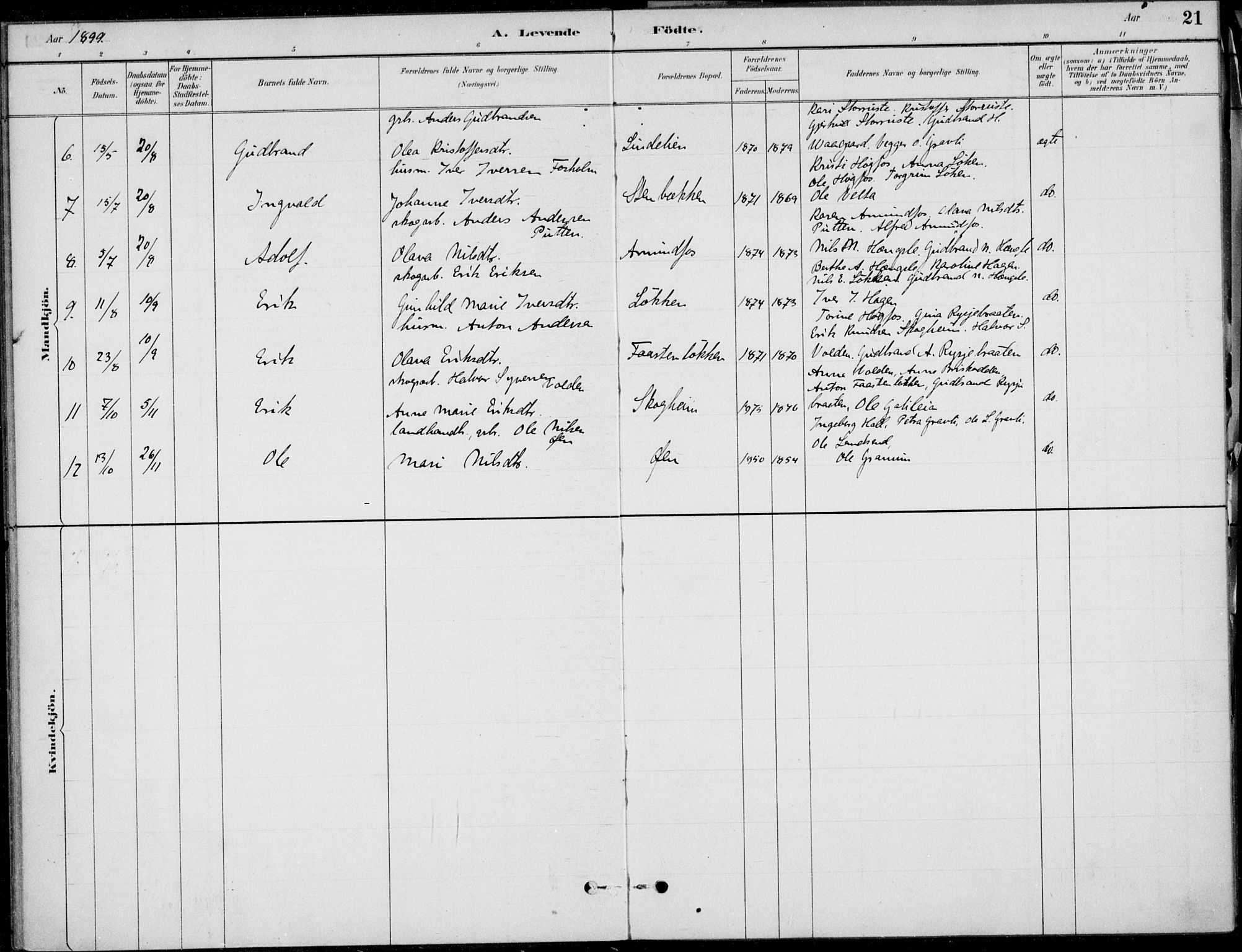 Ådal kirkebøker, AV/SAKO-A-248/F/Fa/L0004: Parish register (official) no. I 4, 1884-1904, p. 21