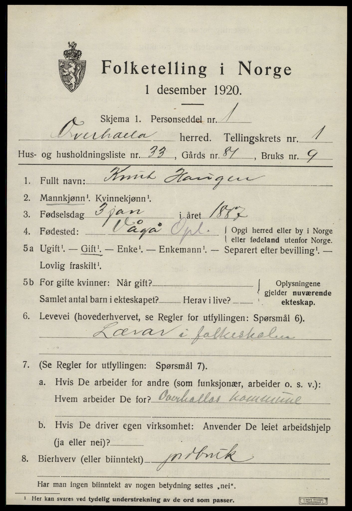 SAT, 1920 census for Overhalla, 1920, p. 1274