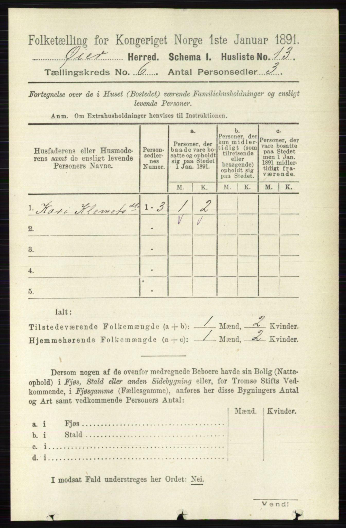 RA, 1891 census for 0521 Øyer, 1891, p. 1943