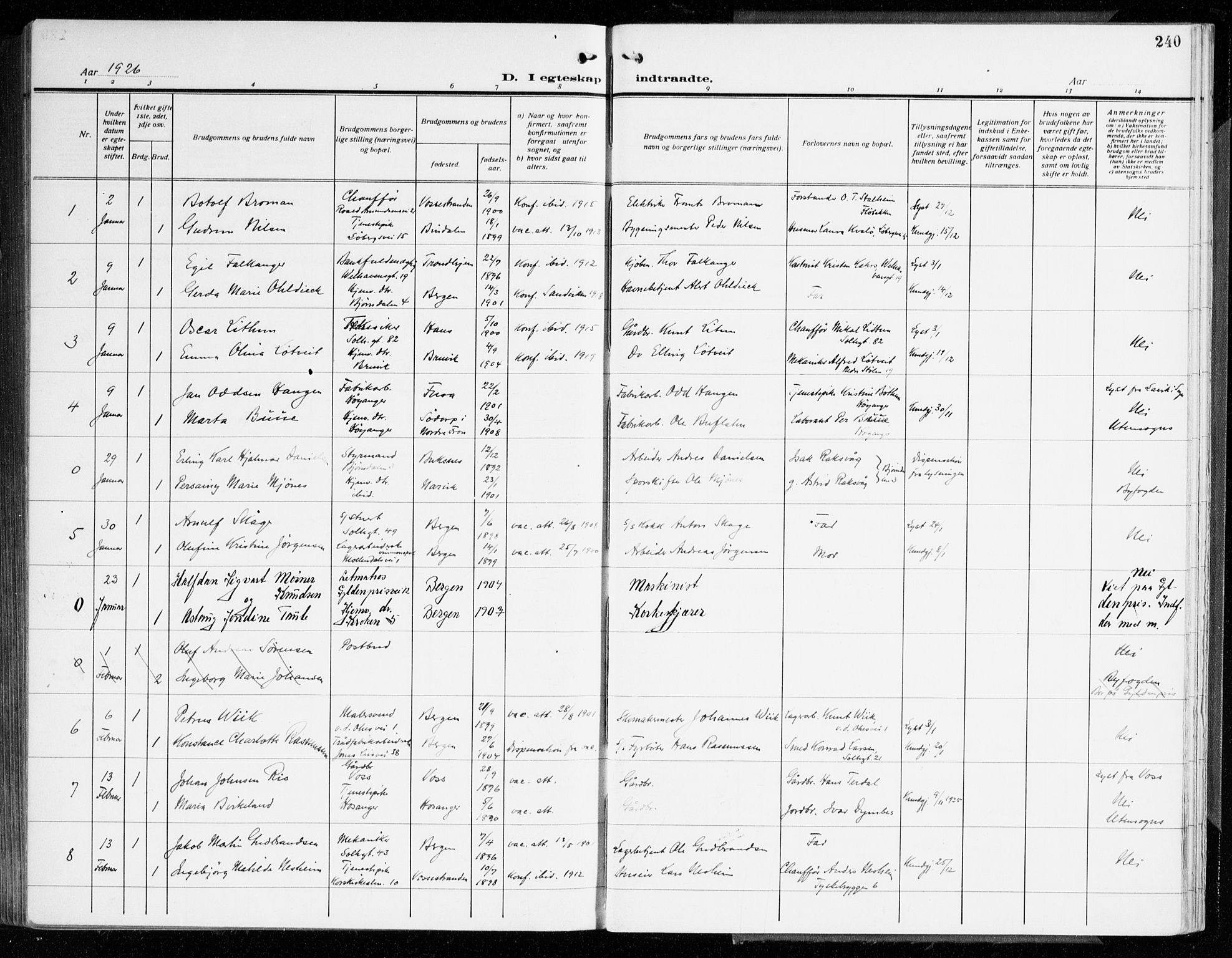 Årstad Sokneprestembete, AV/SAB-A-79301/H/Haa/L0004: Parish register (official) no. A 4, 1919-1928, p. 240