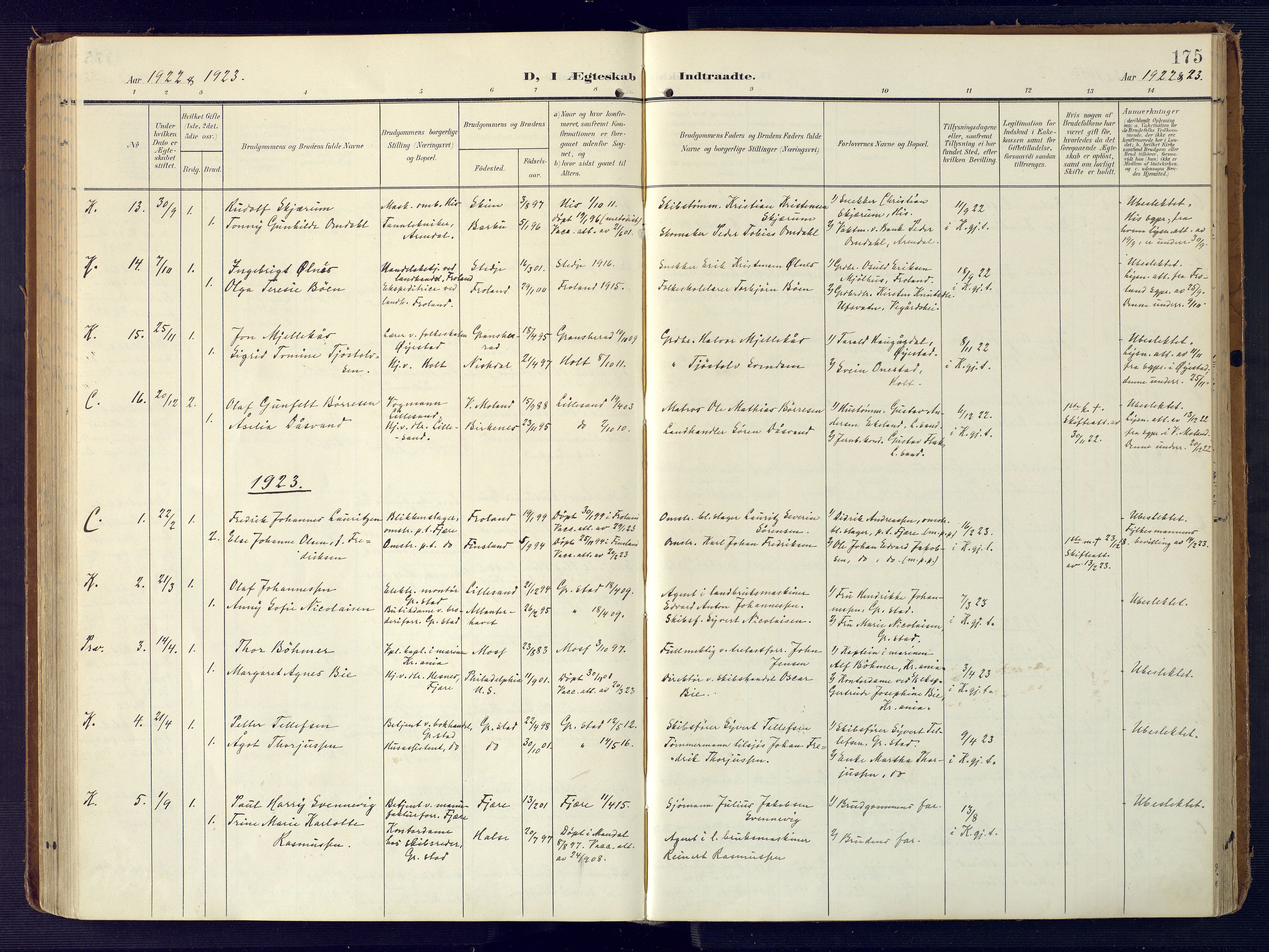Grimstad sokneprestkontor, SAK/1111-0017/F/Fa/L0005: Parish register (official) no. A 4, 1911-1924, p. 175