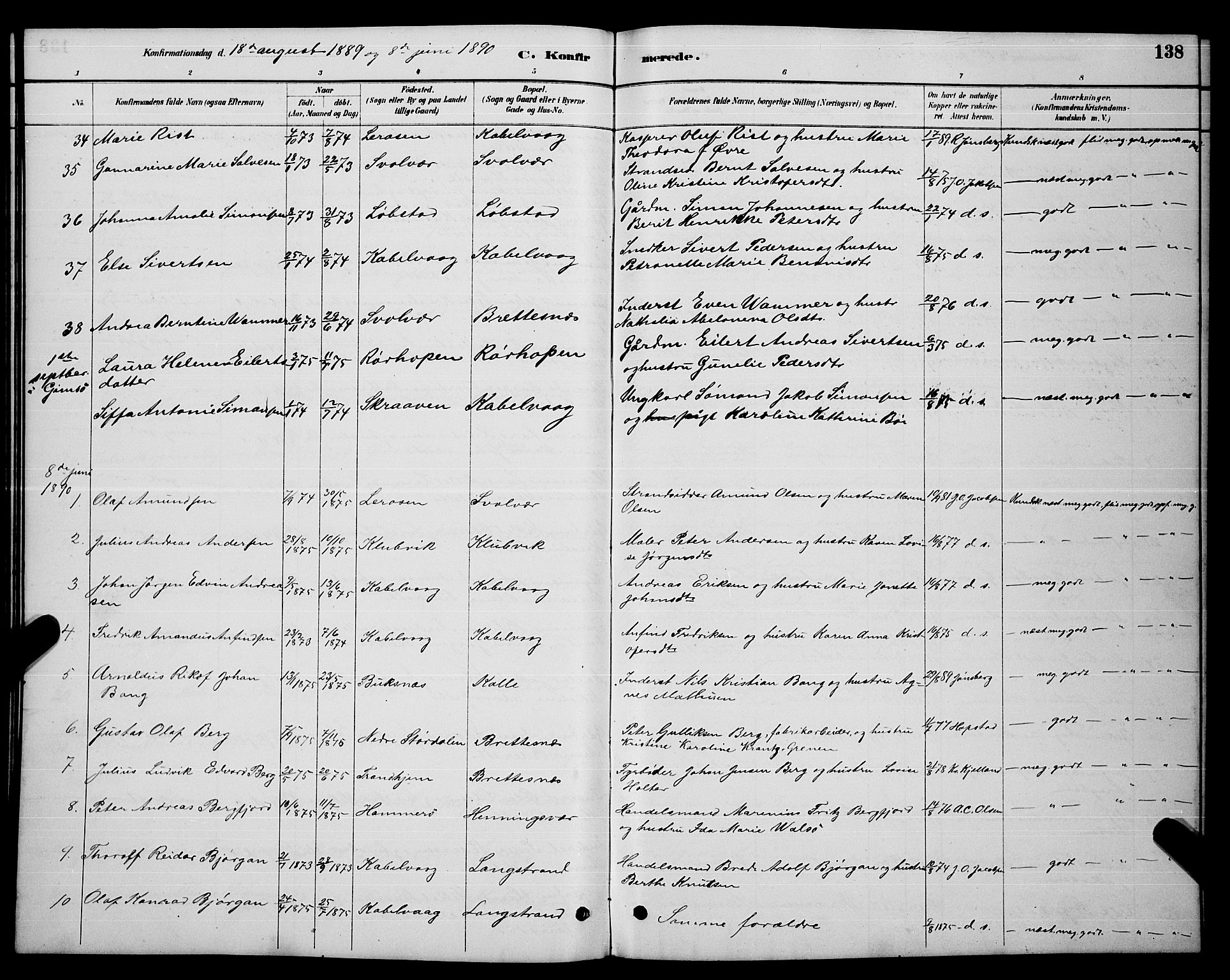 Ministerialprotokoller, klokkerbøker og fødselsregistre - Nordland, AV/SAT-A-1459/874/L1076: Parish register (copy) no. 874C05, 1884-1890, p. 138