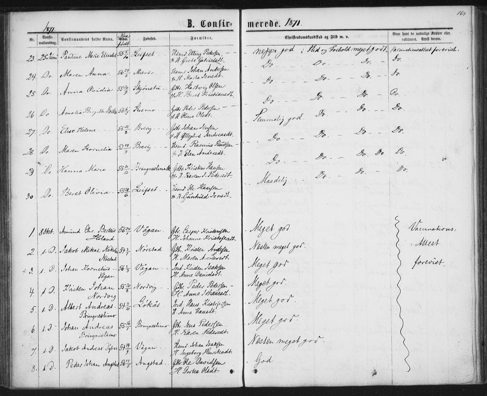 Ministerialprotokoller, klokkerbøker og fødselsregistre - Nordland, AV/SAT-A-1459/852/L0739: Parish register (official) no. 852A09, 1866-1877, p. 164