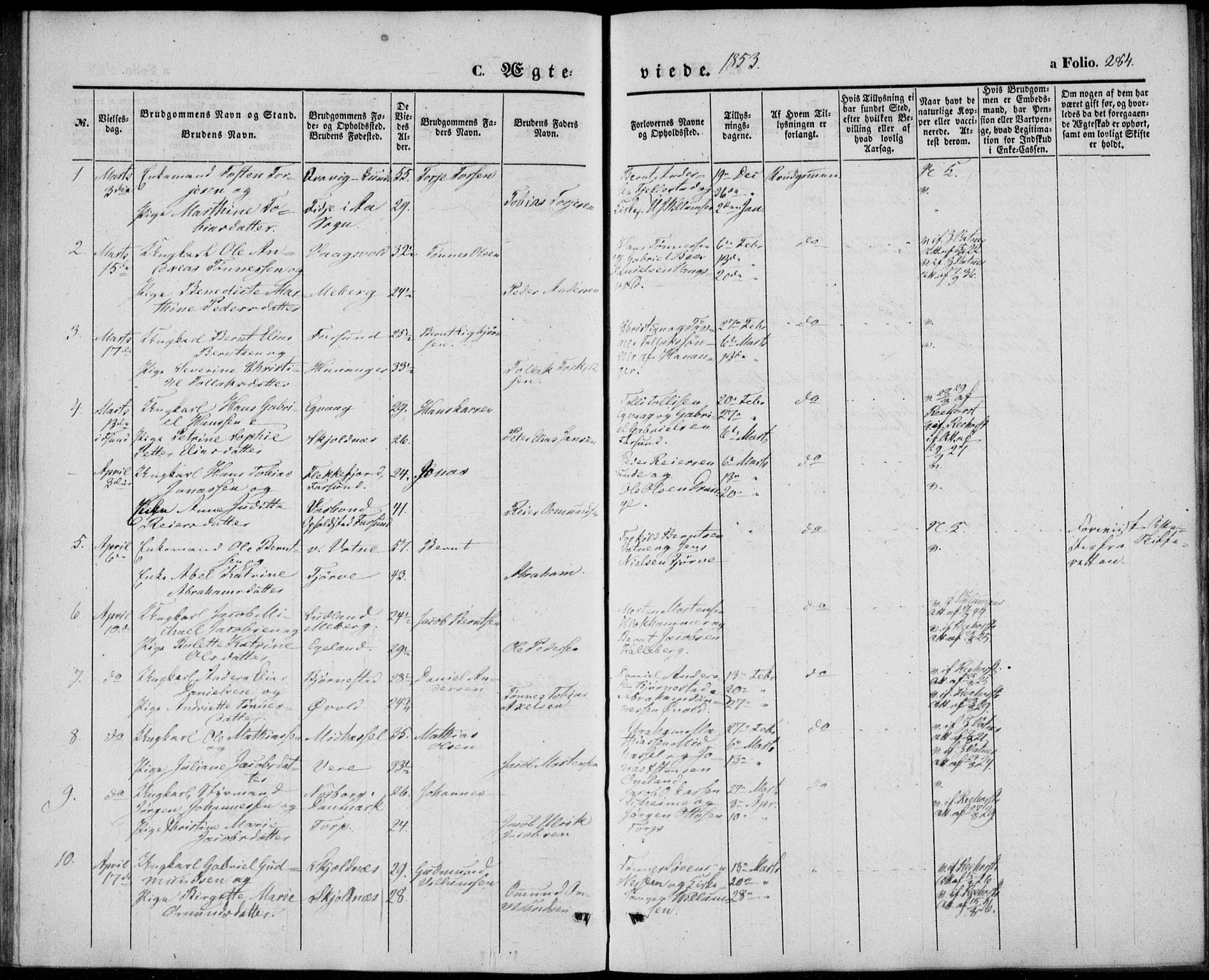 Lista sokneprestkontor, AV/SAK-1111-0027/F/Fb/L0002: Parish register (copy) no. B 2, 1847-1862, p. 284