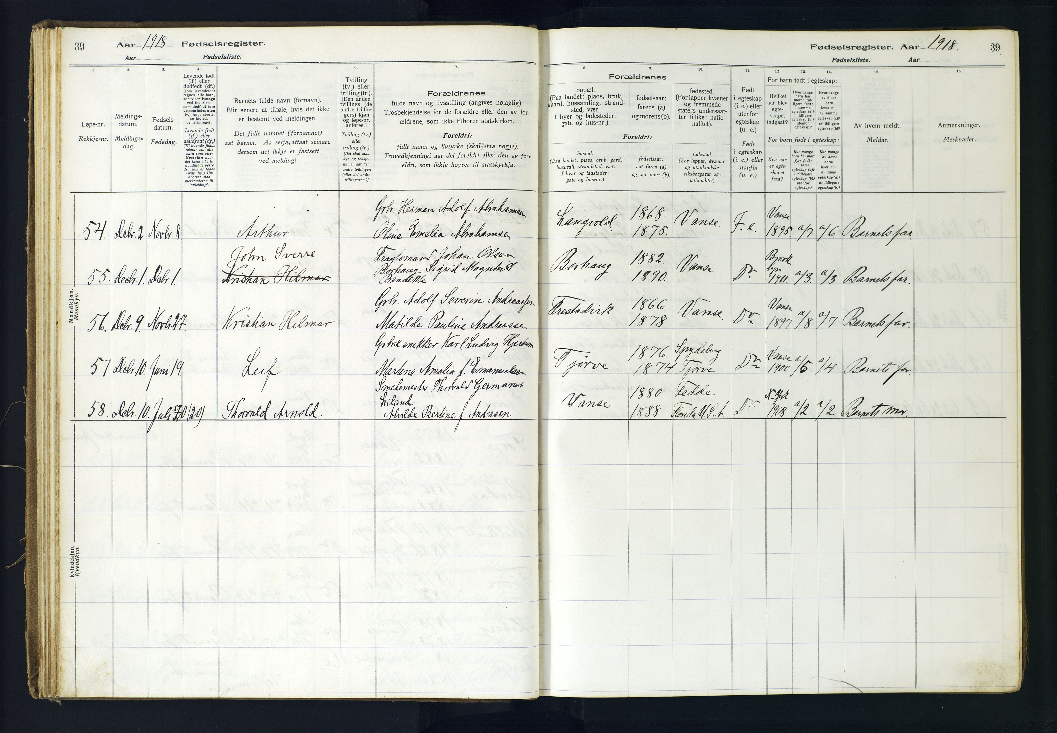 Lista sokneprestkontor, AV/SAK-1111-0027/J/Ja/L0001: Birth register no. A-VI-30, 1916-1934, p. 39