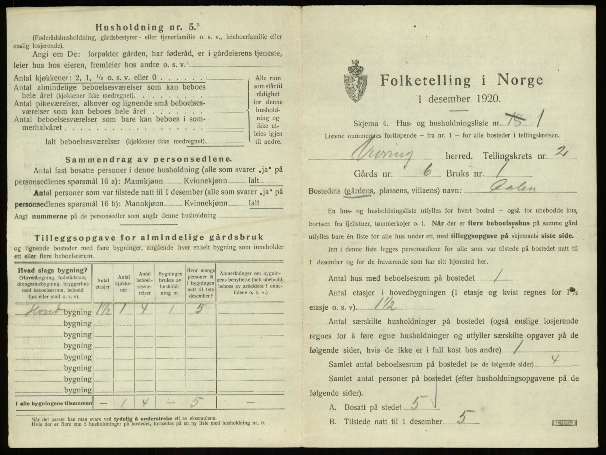 SAB, 1920 census for Vevring, 1920, p. 70