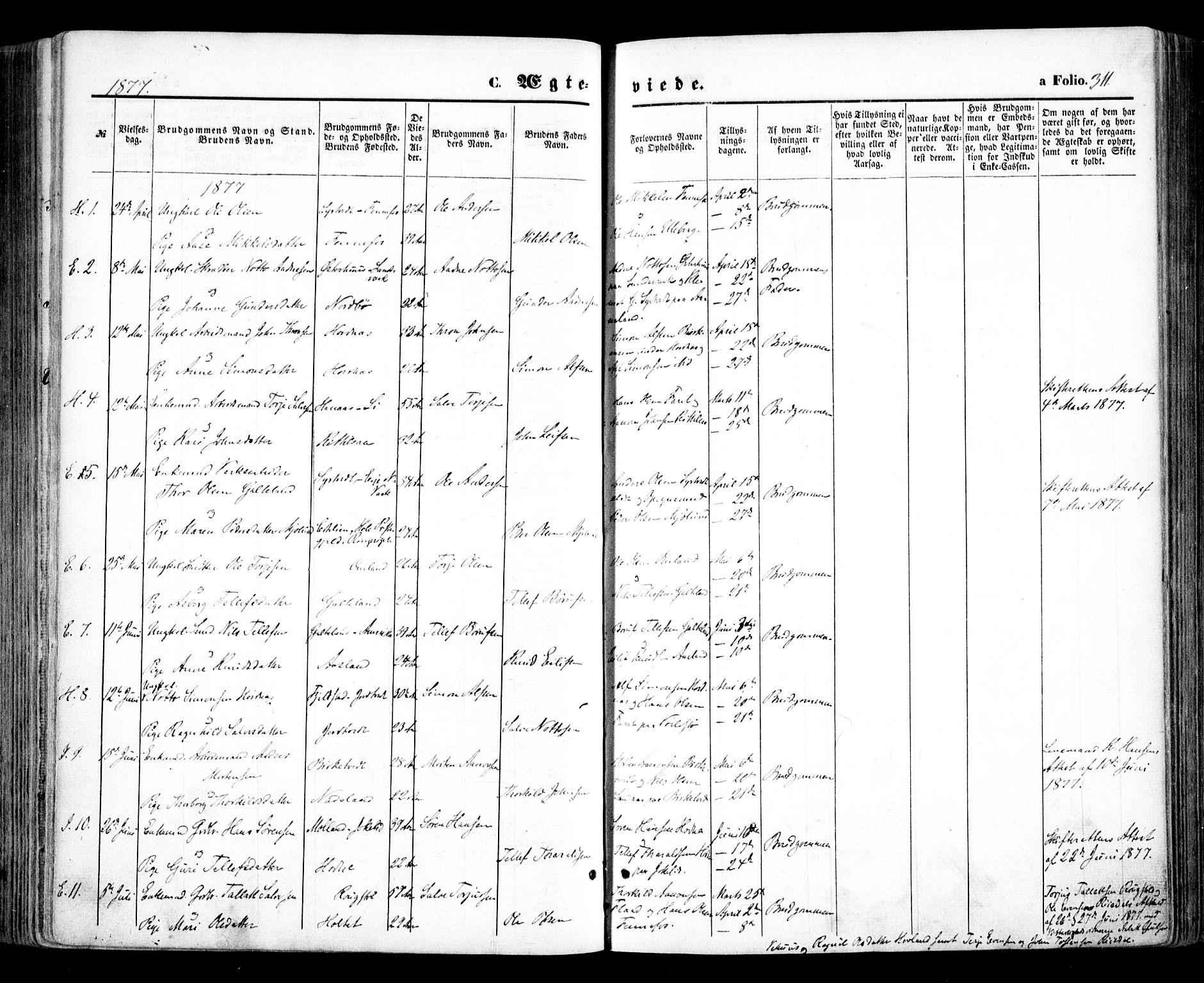 Evje sokneprestkontor, AV/SAK-1111-0008/F/Fa/Faa/L0006: Parish register (official) no. A 6, 1866-1884, p. 311