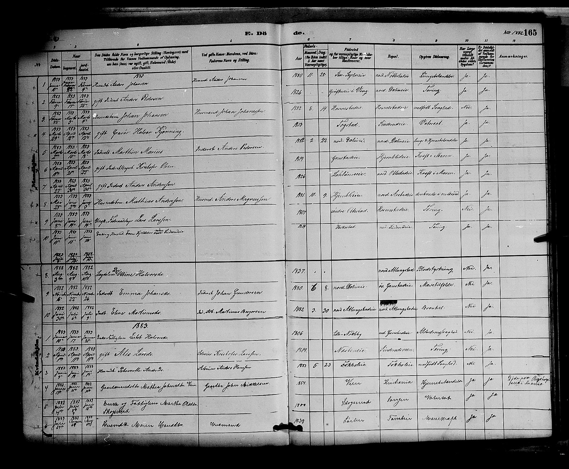 Stange prestekontor, AV/SAH-PREST-002/L/L0007: Parish register (copy) no. 7, 1880-1893, p. 165