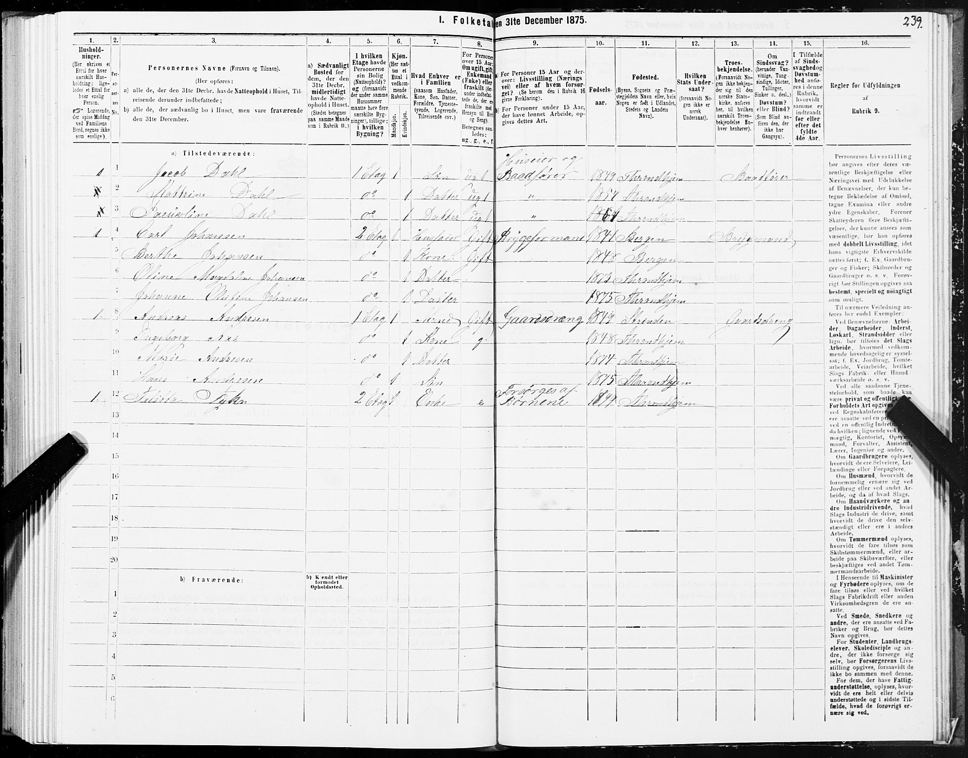 SAT, 1875 census for 1601 Trondheim, 1875, p. 1239