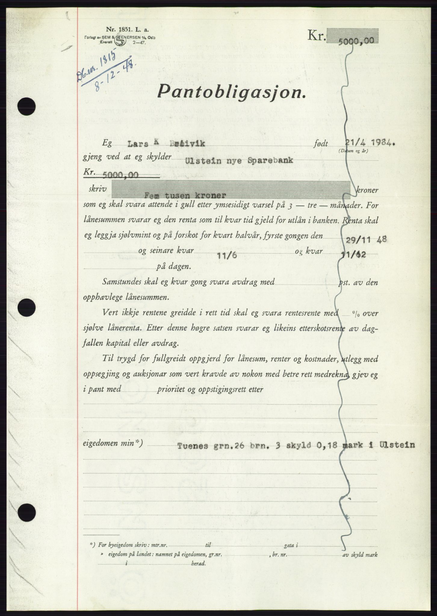 Søre Sunnmøre sorenskriveri, AV/SAT-A-4122/1/2/2C/L0116: Mortgage book no. 4B, 1948-1949, Diary no: : 1815/1948