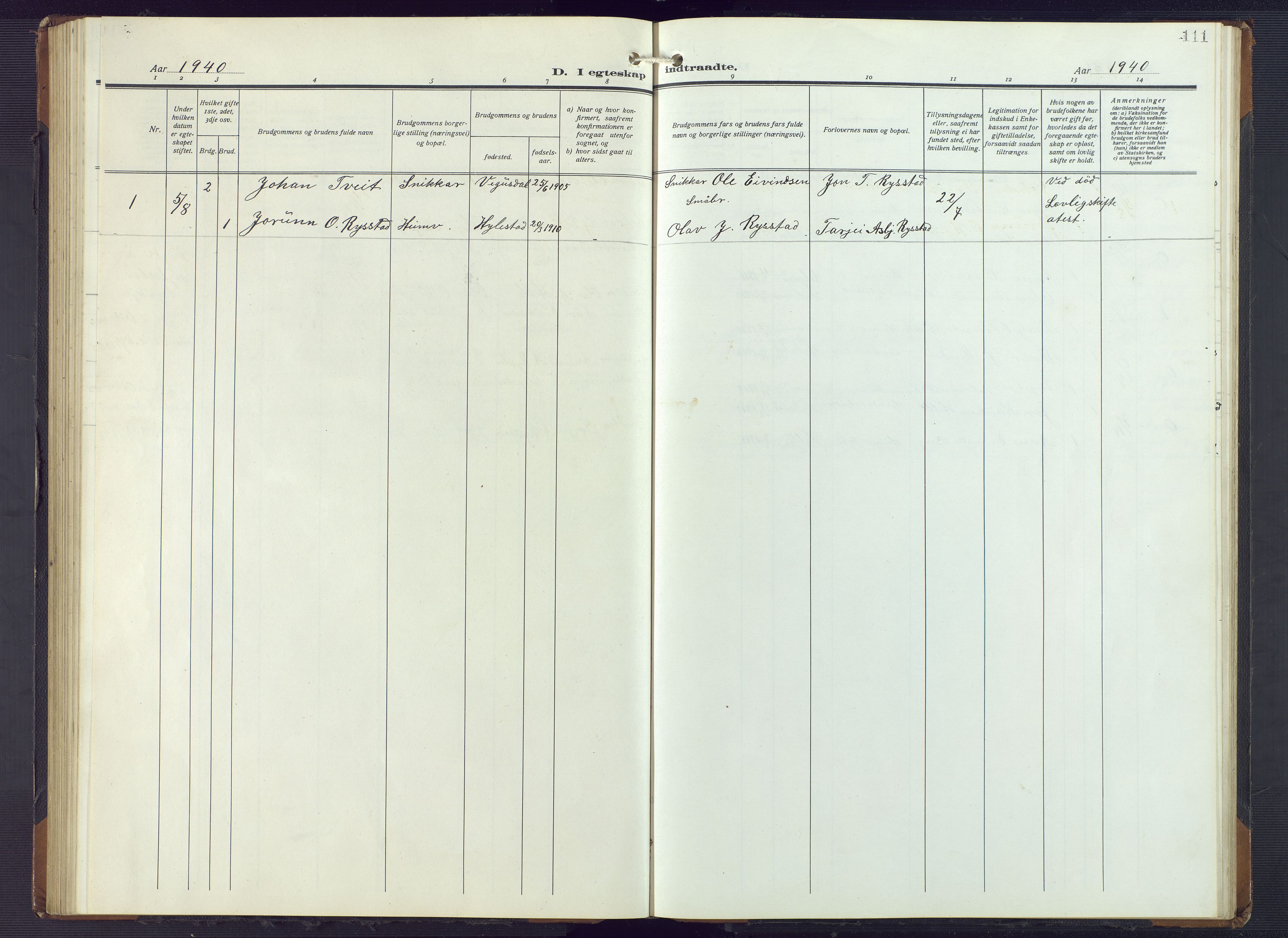 Valle sokneprestkontor, AV/SAK-1111-0044/F/Fb/Fbb/L0003: Parish register (copy) no. B 3, 1921-1948, p. 111