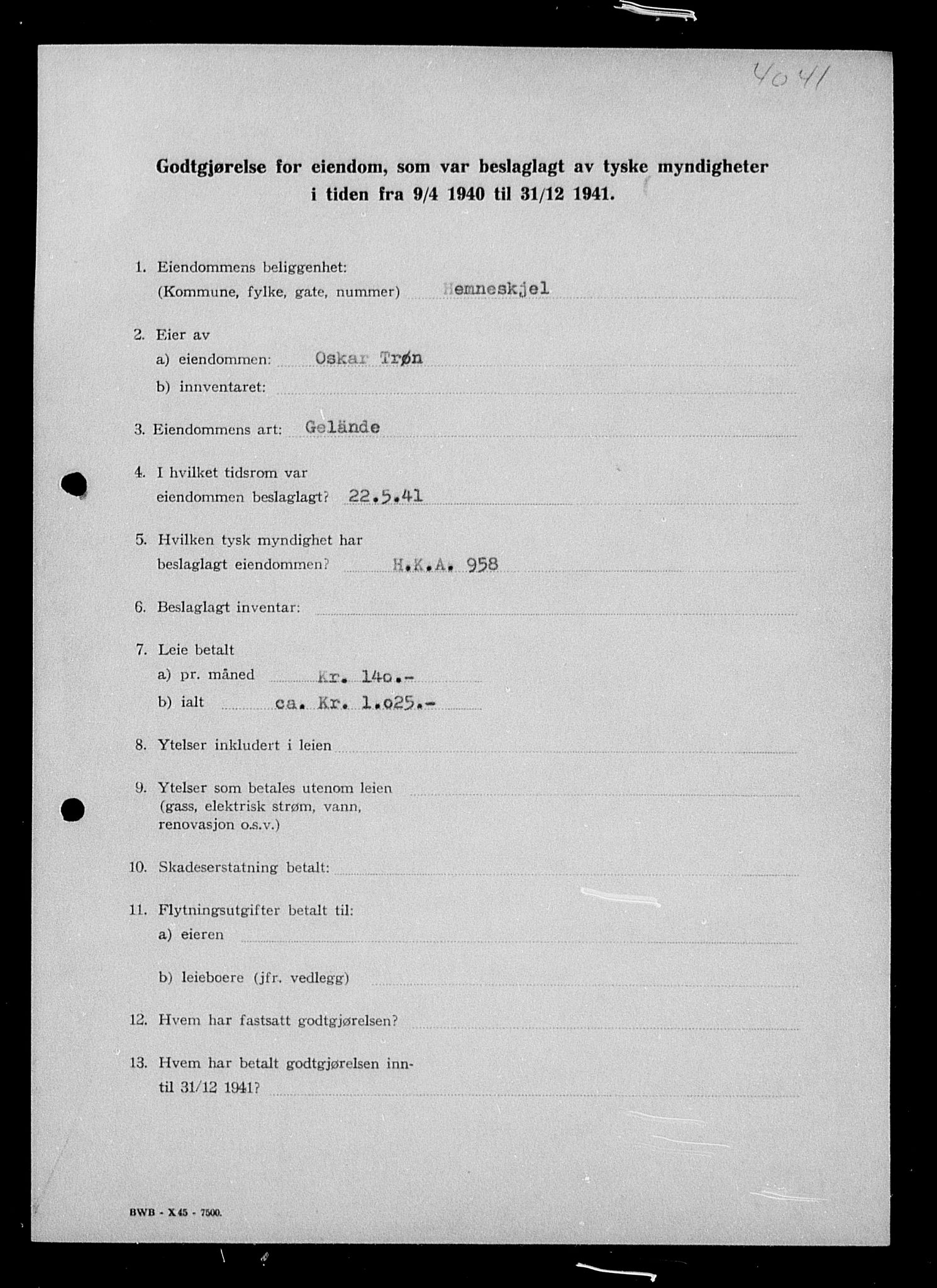 Justisdepartementet, Tilbakeføringskontoret for inndratte formuer, RA/S-1564/I/L1018: Godtgjørelse for beslaglagt eiendom, 1940-1941, p. 318