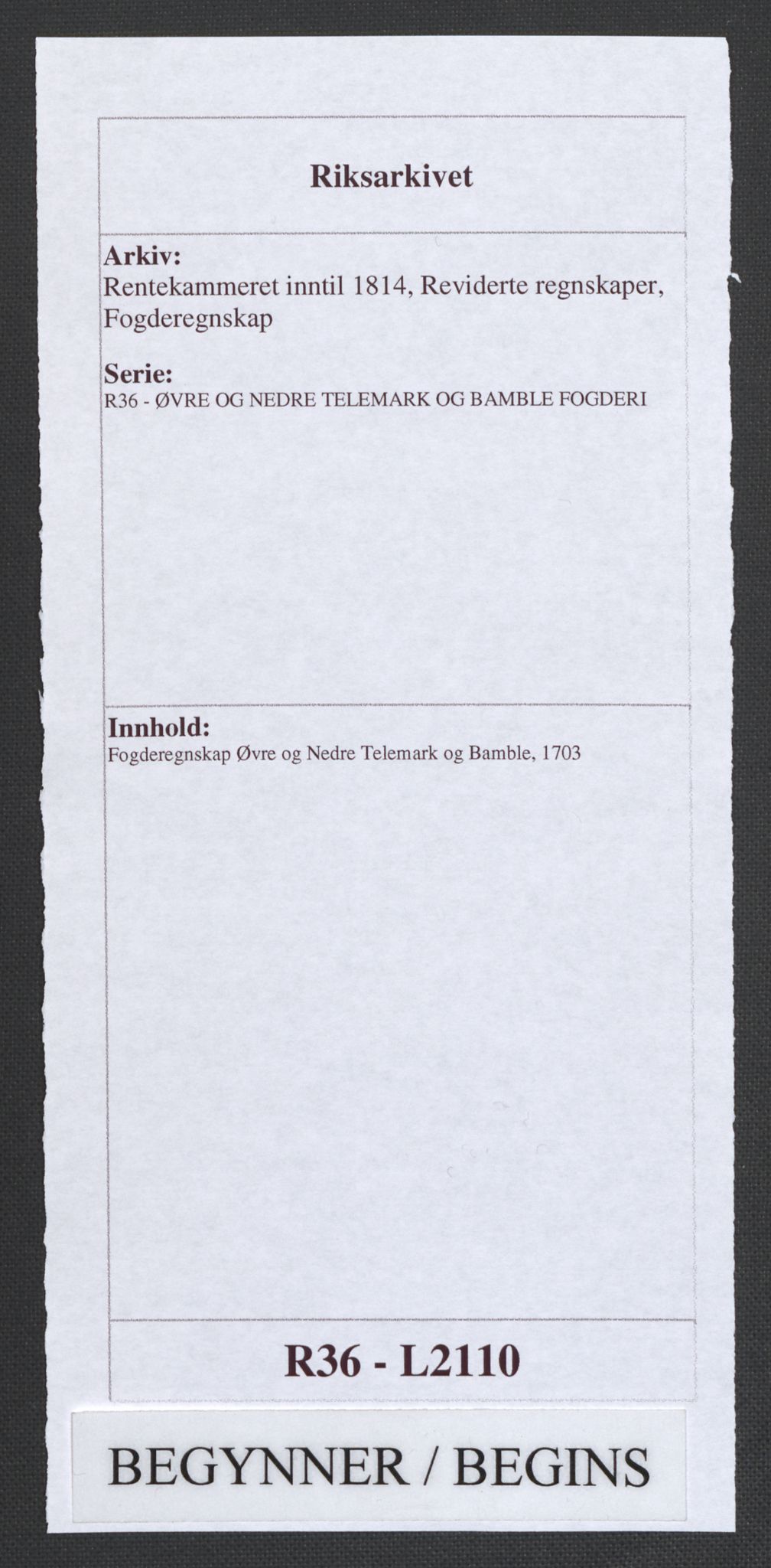 Rentekammeret inntil 1814, Reviderte regnskaper, Fogderegnskap, RA/EA-4092/R36/L2110: Fogderegnskap Øvre og Nedre Telemark og Bamble, 1703, p. 1