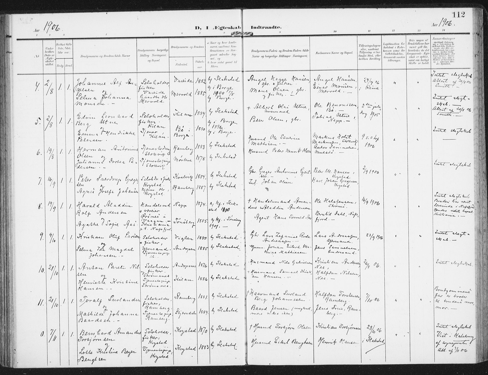 Ministerialprotokoller, klokkerbøker og fødselsregistre - Nordland, SAT/A-1459/885/L1206: Parish register (official) no. 885A07, 1905-1915, p. 112