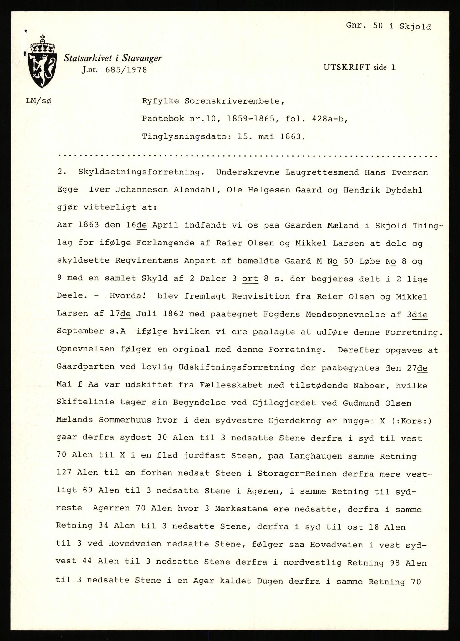 Statsarkivet i Stavanger, SAST/A-101971/03/Y/Yj/L0060: Avskrifter sortert etter gårdsnavn: Mydland indre - Mæle øvre, 1750-1930, p. 529