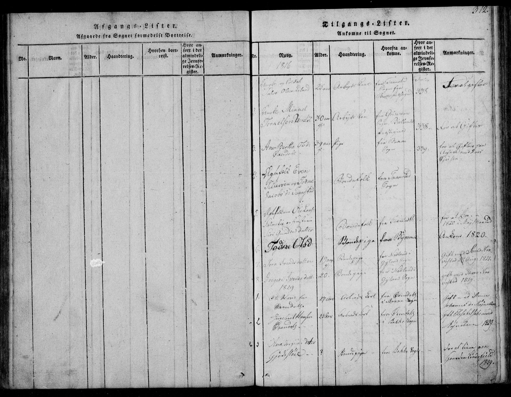 Fjotland sokneprestkontor, SAK/1111-0010/F/Fb/L0001: Parish register (copy) no. B 1, 1816-1849, p. 312