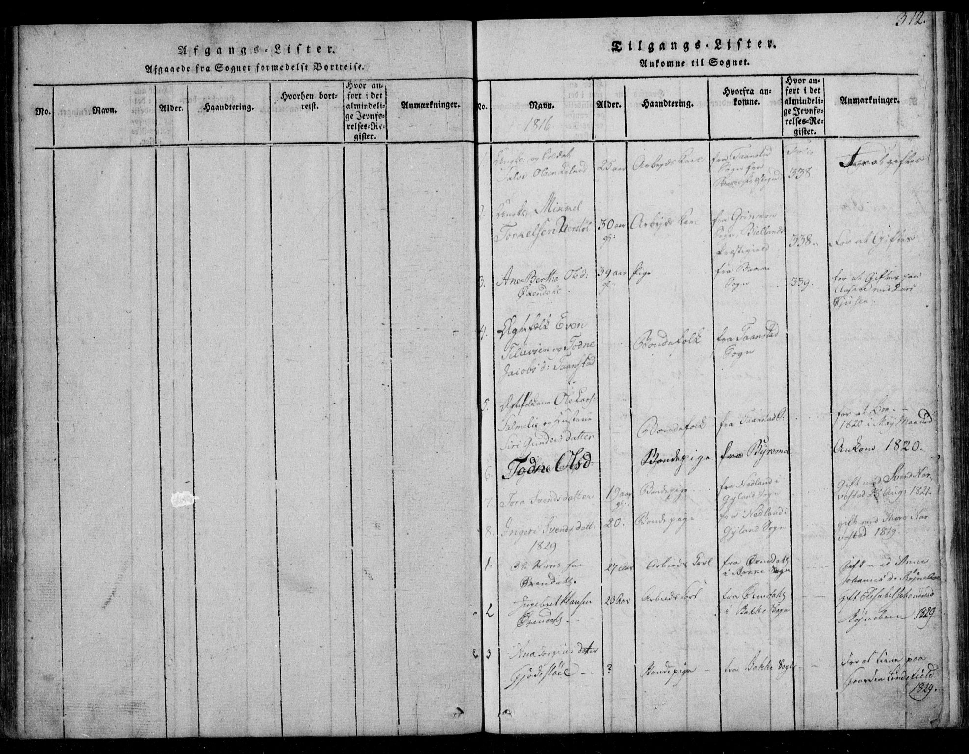 Fjotland sokneprestkontor, AV/SAK-1111-0010/F/Fb/L0001: Parish register (copy) no. B 1, 1816-1849, p. 312