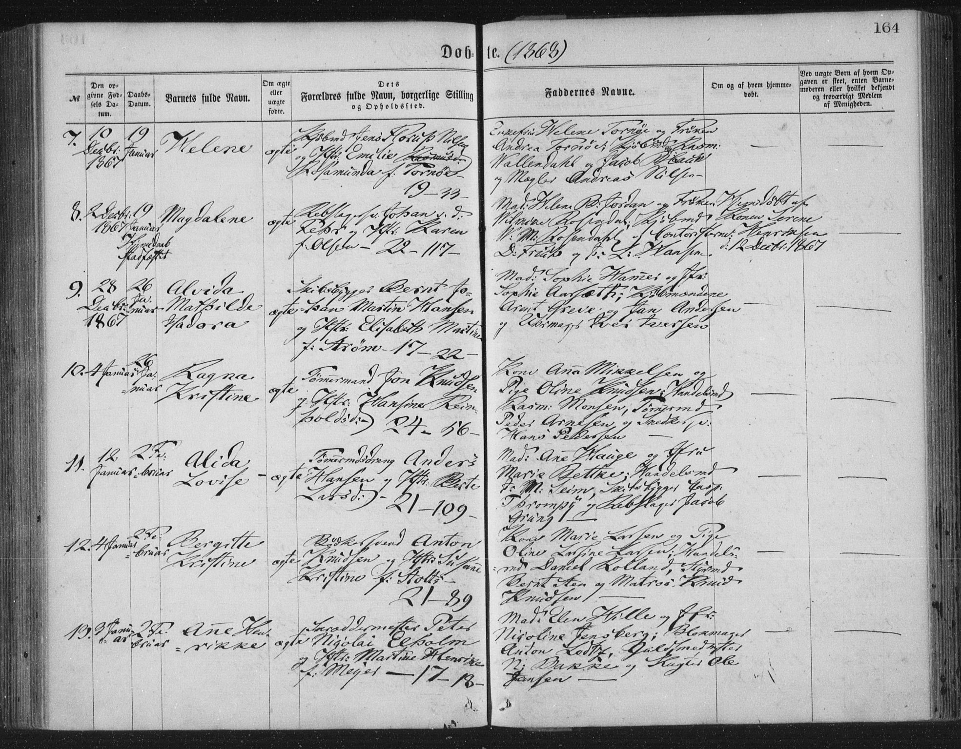 Korskirken sokneprestembete, AV/SAB-A-76101/H/Haa/L0019: Parish register (official) no. B 5, 1866-1871, p. 164